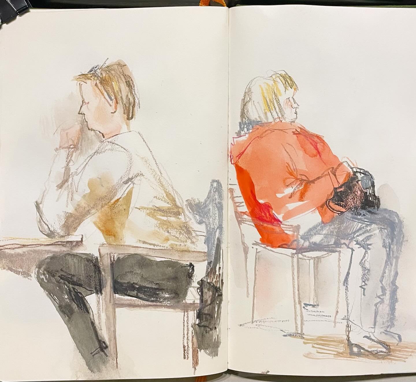 Today&rsquo;s post: rainy day cafe people. 
#cafesketch #raindaycafe #sketchbookdrawing #sketchbook #peopledrawing #italy #tourist #drawingitaly #portovenere #portovenereitaly #sketchingpeople #italia