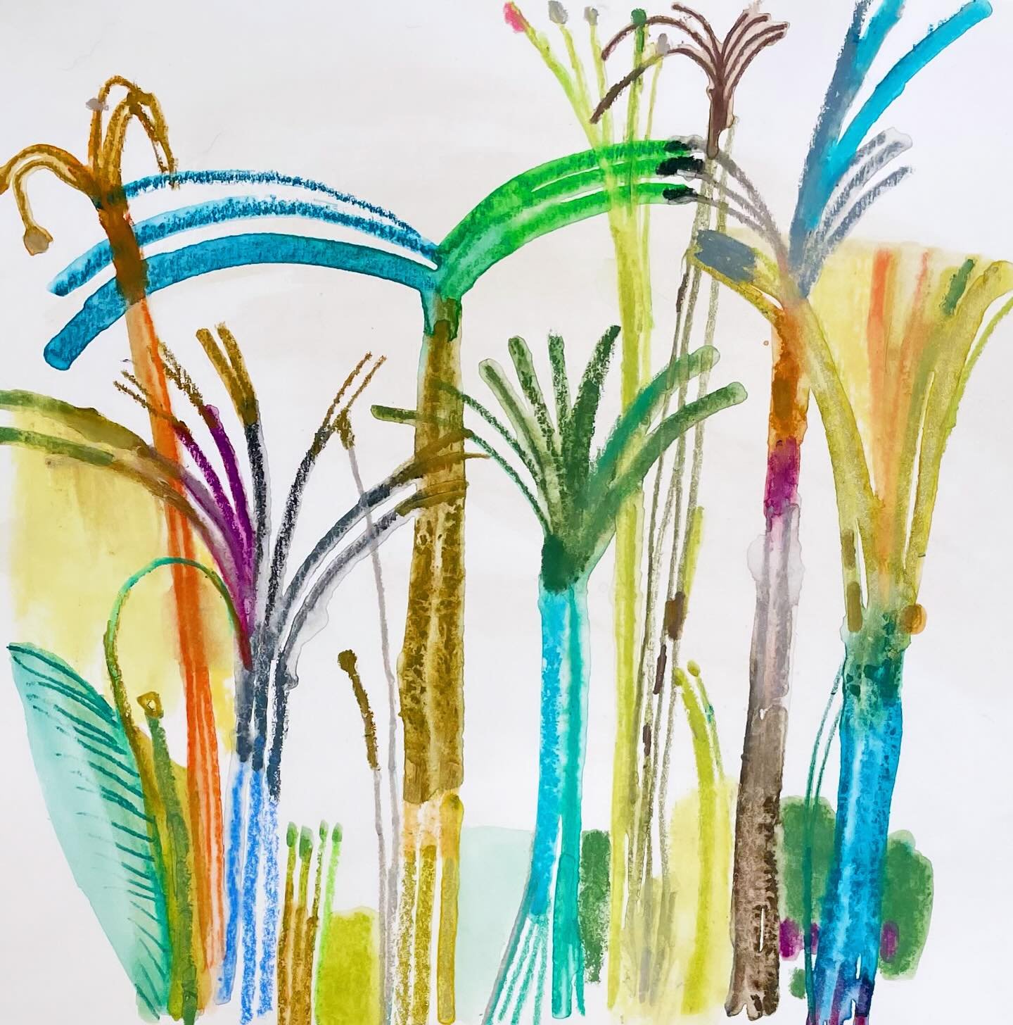 Today&rsquo;s post: abstract palm trees. 
#palms #palmtrees #californiapalms #trees #treeofinstagram #treestagram #ilovetrees #abstracttrees #watercolorcrayons #watercolorart