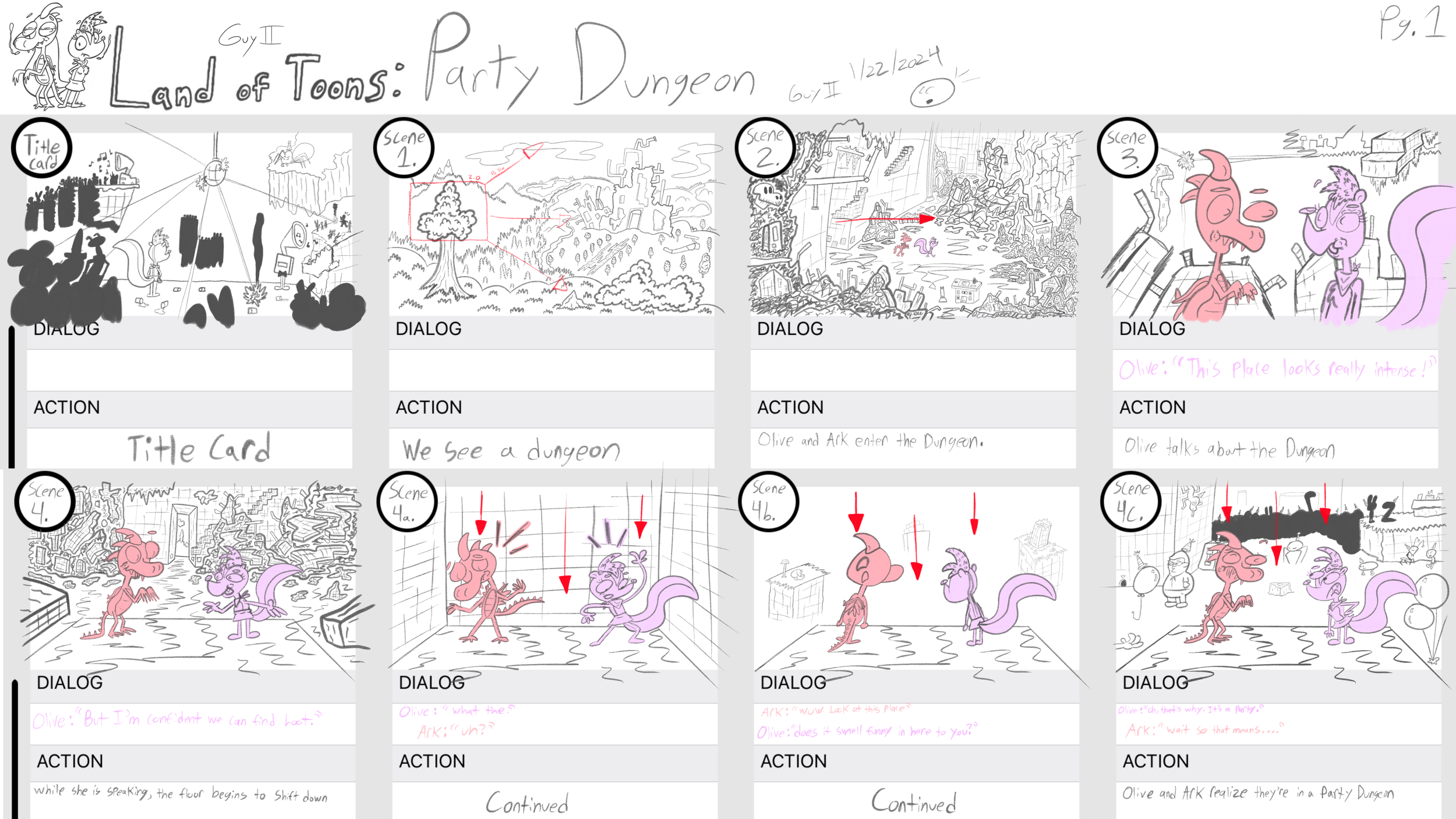 Land of Toons: Party Dungeon storyboard pg.1