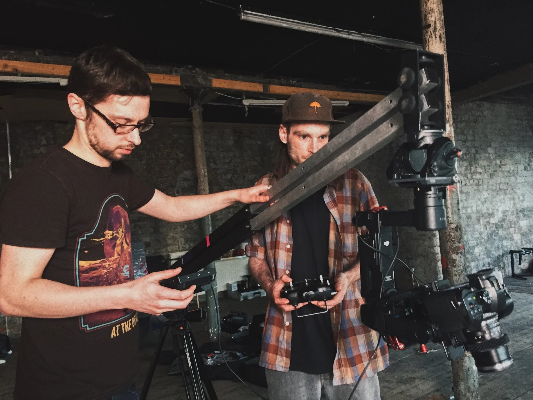 Director of Photography Andrew O'Connor (L) and 1st AC Andy MacDonald, using the light weight camera system used to create the unique camera movement of From When I Wake The Want Is