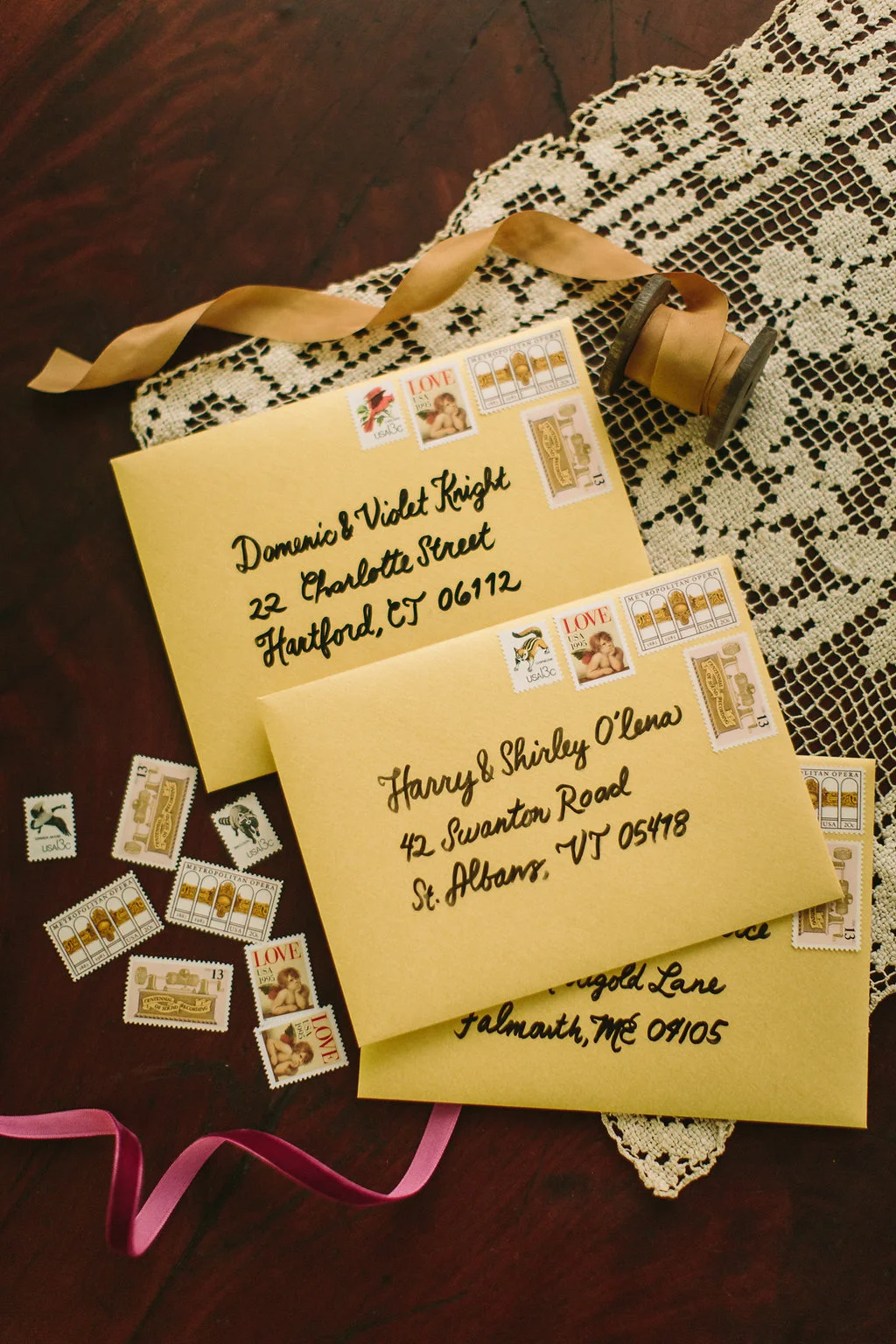 November Downtown Wedding Envelopes with Vintage Stamps