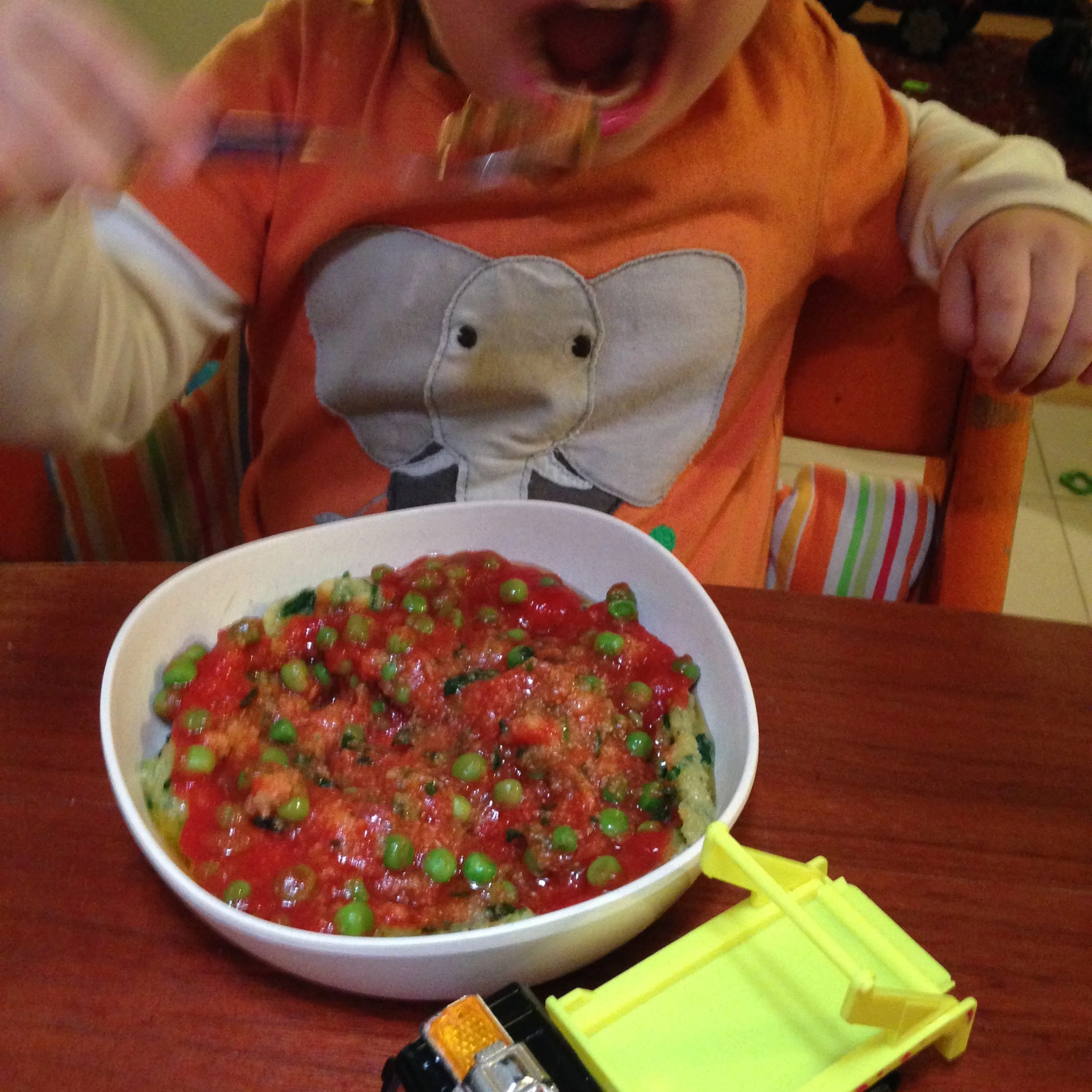 Peas & Tomato Sauce over Spinach Polenta