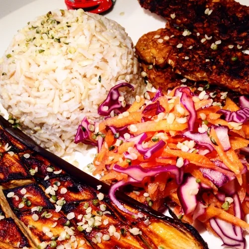 With griddled tempeh, hemp hearts and brown rice