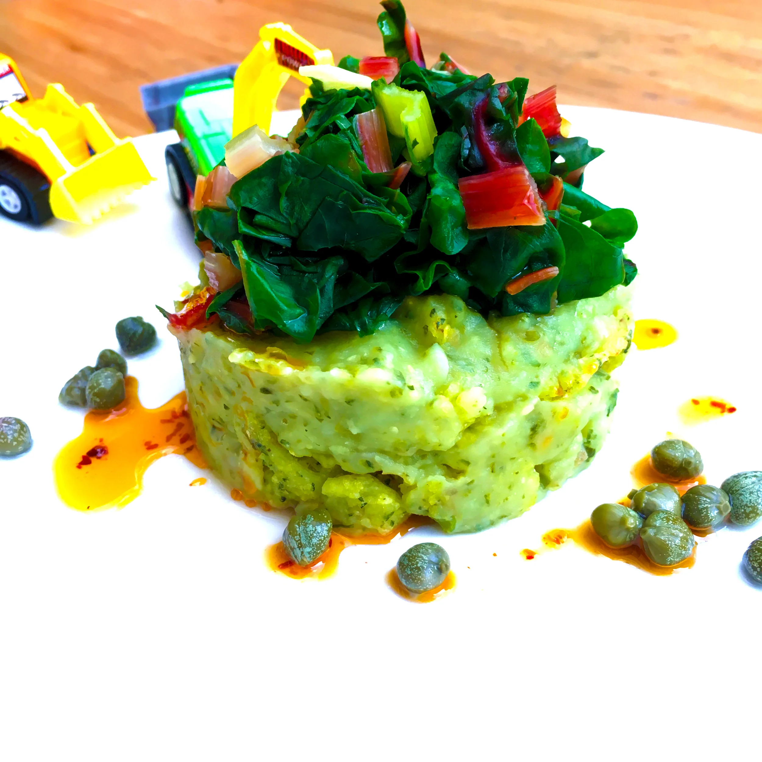 Potato and Raw Courgette Mash (served with swiss chard)