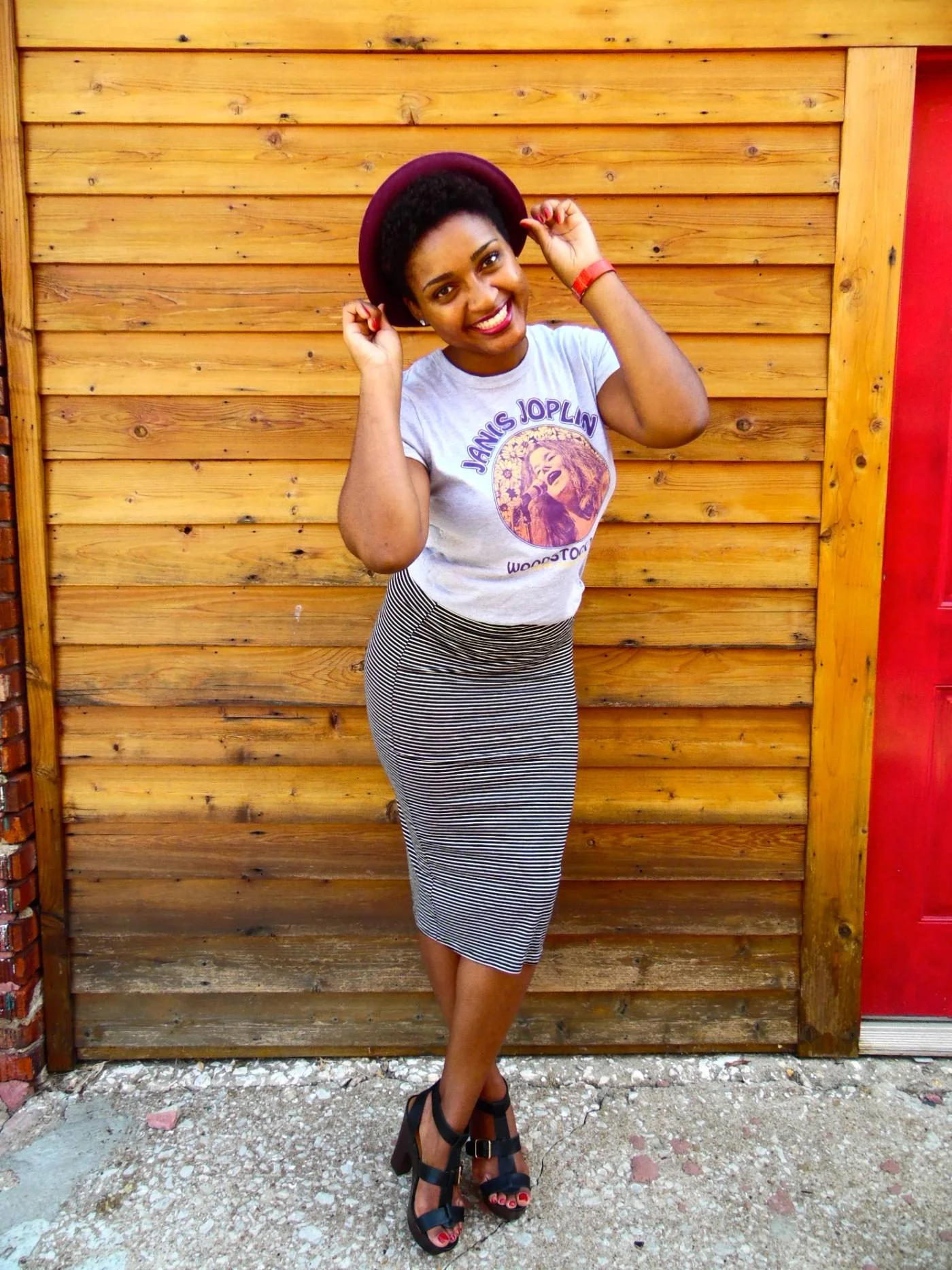 Jasmine Diane Woodstock T-shirt + Stripe Pencil Skirt