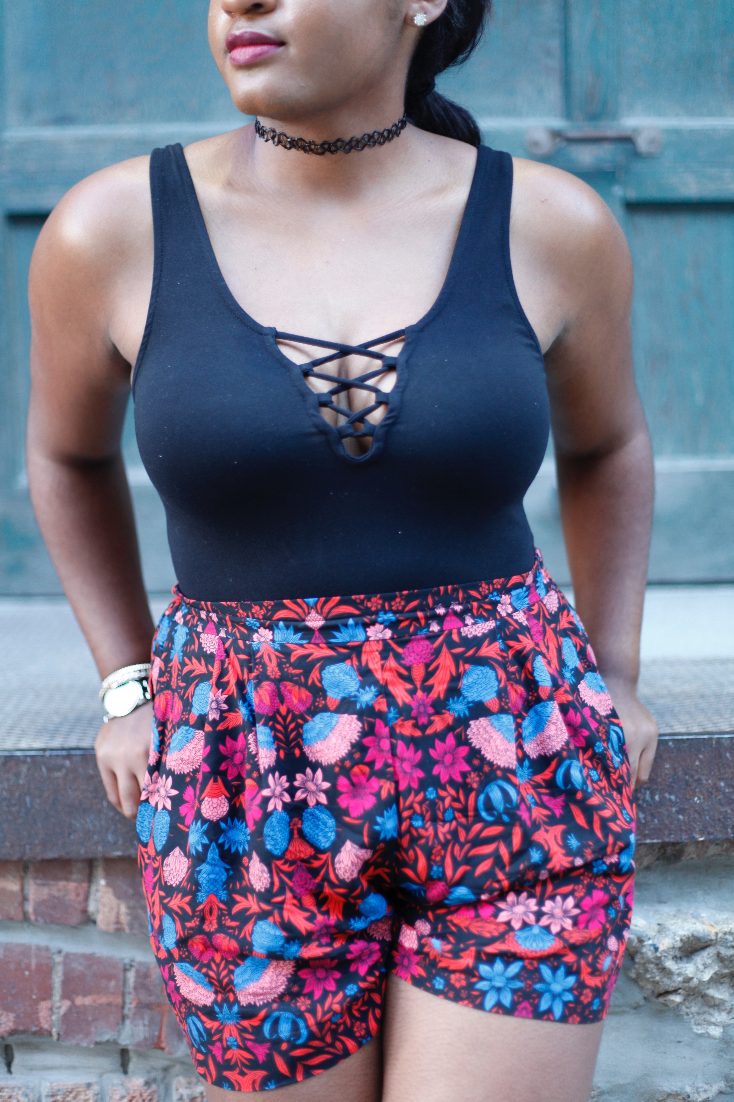 Choker + Black Bodysuit + Printed Shorts — Jasmine Diane