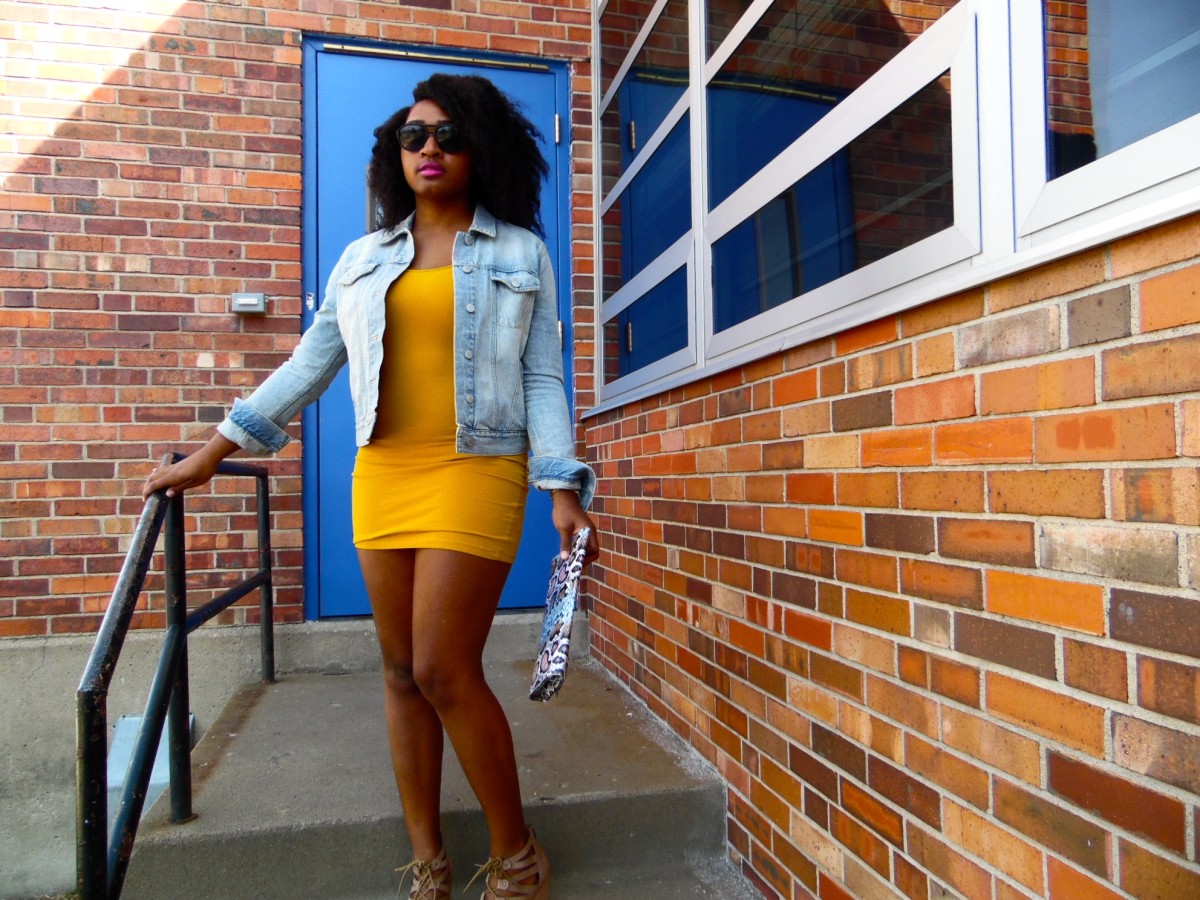 Black Floral Dress with holding Denim Jacket and Yellow Flats with Grey  Crossbody Bag - Putting Me Together