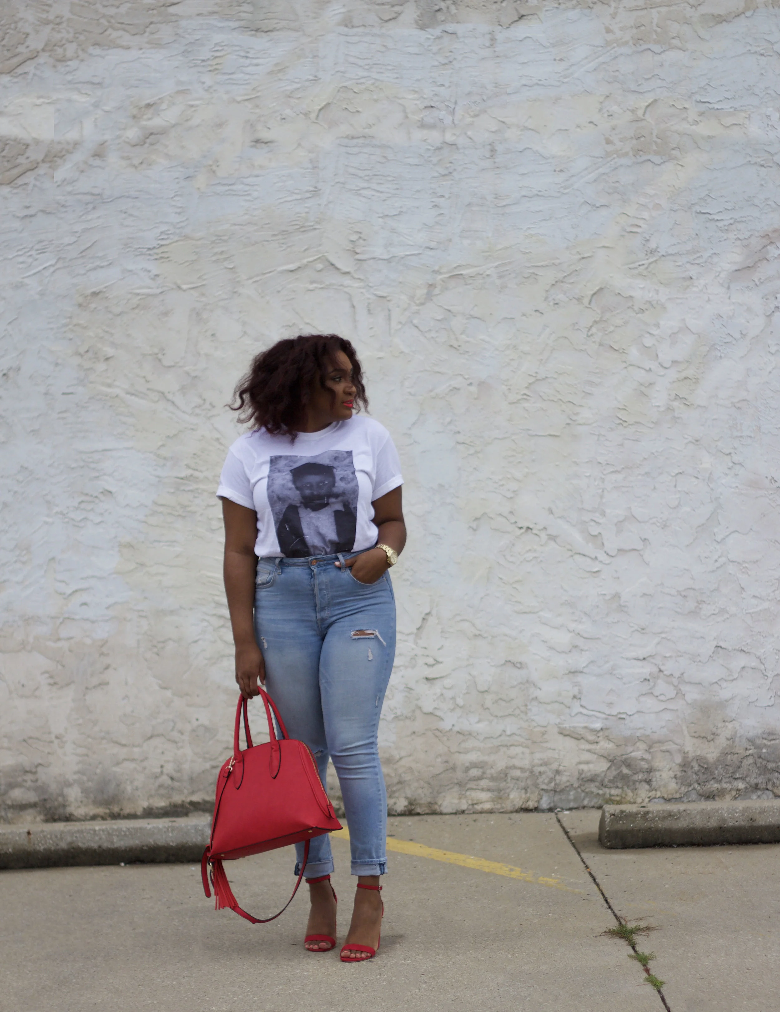 red top and jeans outfit