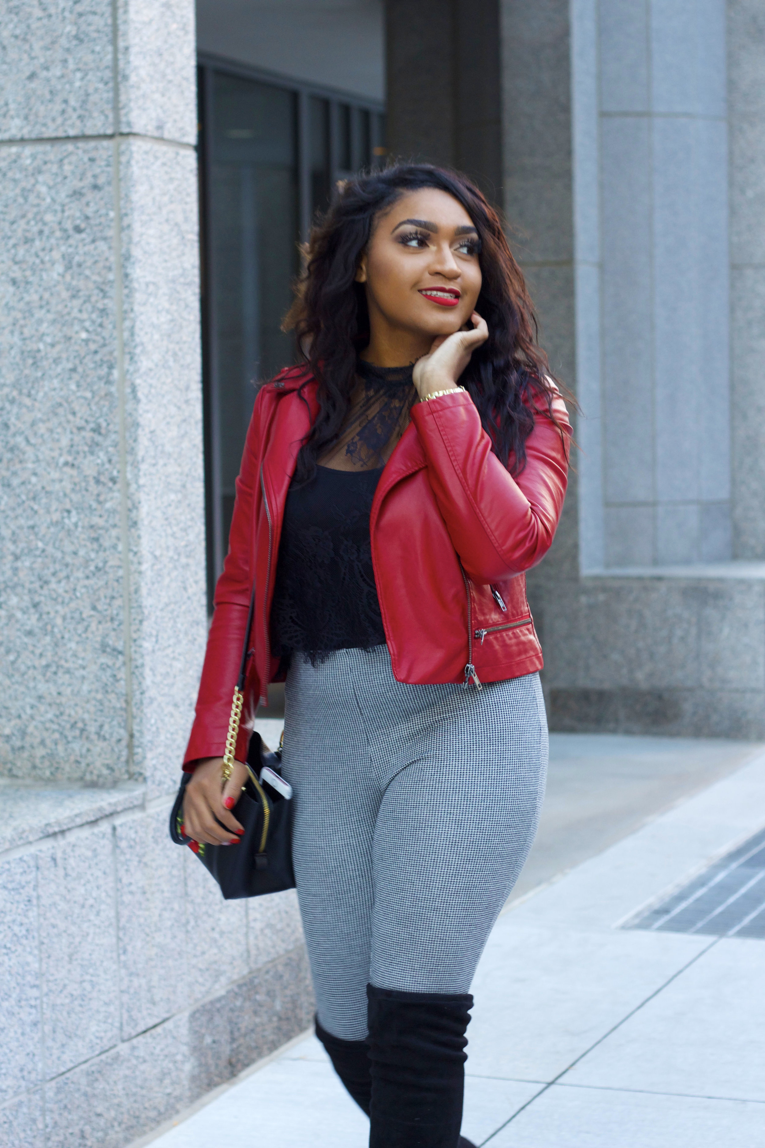 Black Knee High Boots x Red Leather Jacket — Jasmine Diane