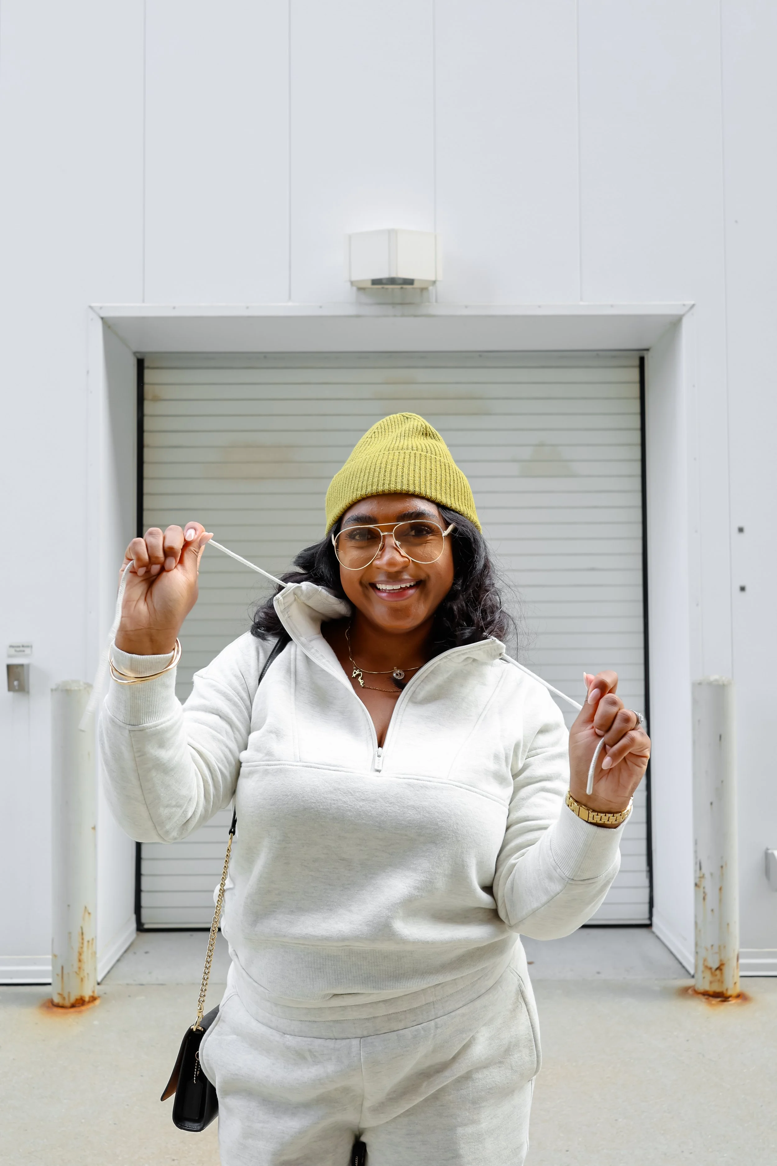 casual matching sets women with green beanie.jpg