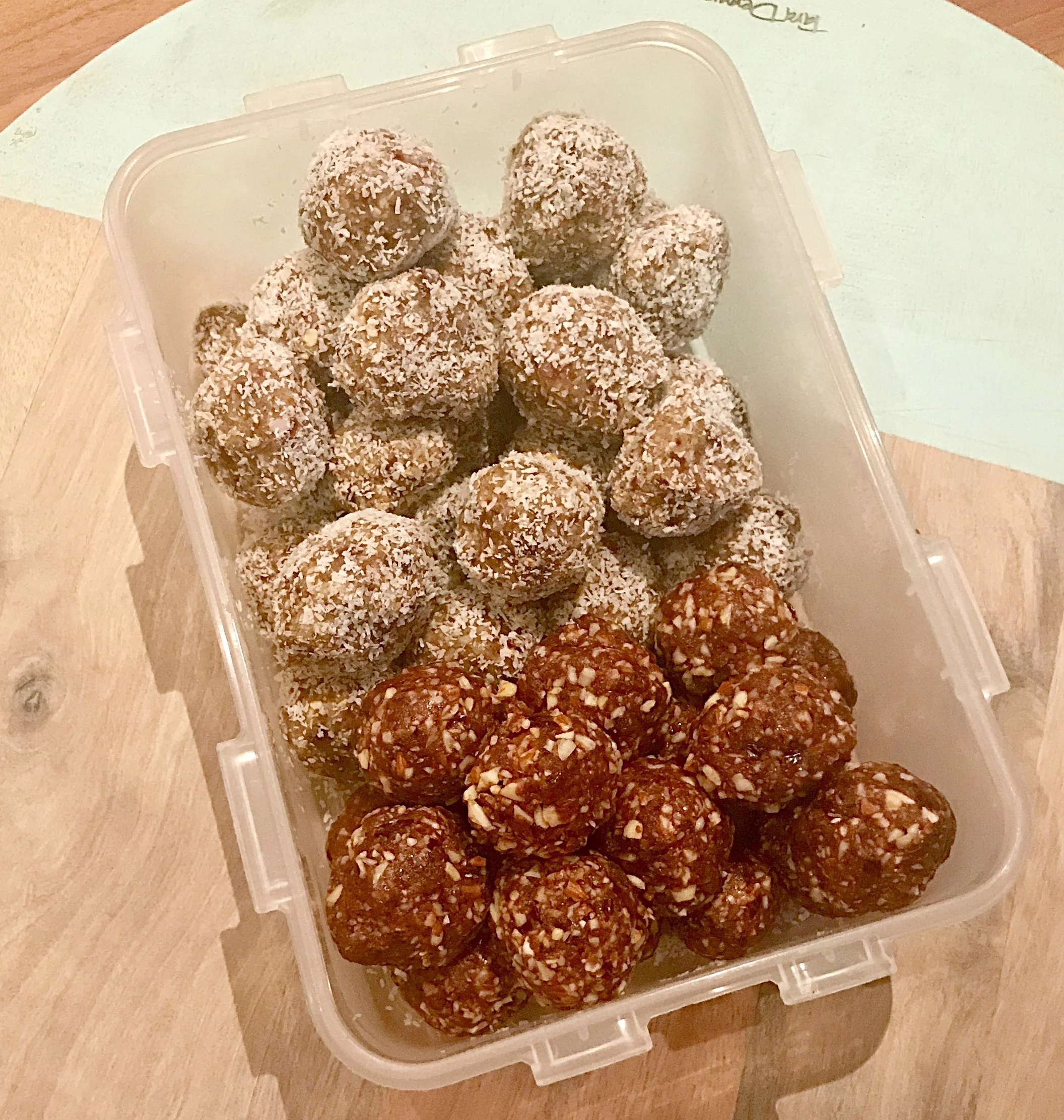 Bliss Balls pictured here with Energy Balls (rolled in coconut) from recipe previous post.
