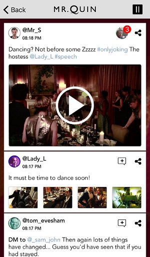 The MR. QUIN "timeline" is an interactive, social-media style interface. Follow along as the characters "live tweet" their #TruthParty experiences!