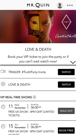 The app's homepage, where you can sign up for live shows, watch your #TruthParty invitation, and follow along with the story.