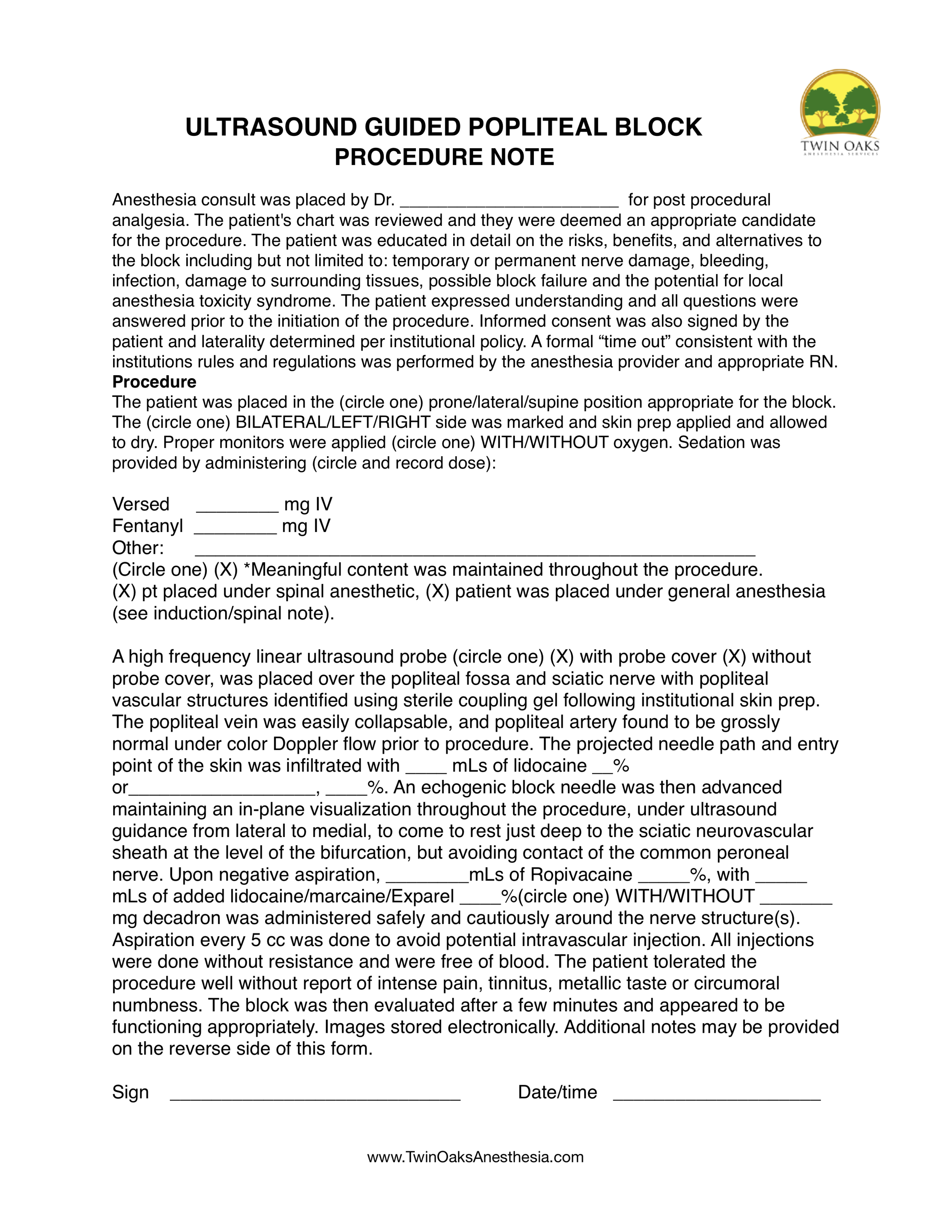 Popliteal block Procedure Form.png