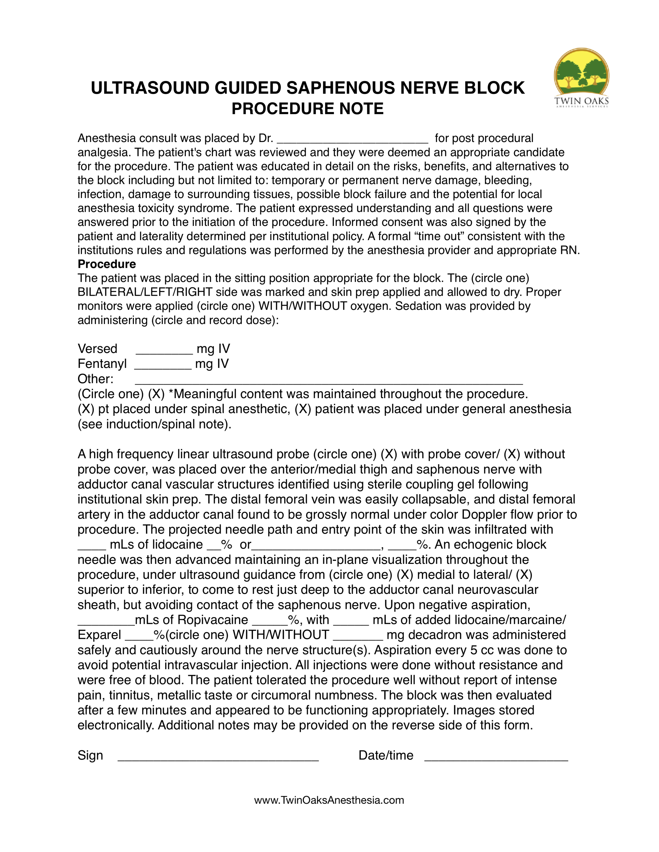 Procedure Notes — CRNA Conferences - Twin Oaks Anesthesia Within Procedure Note Template