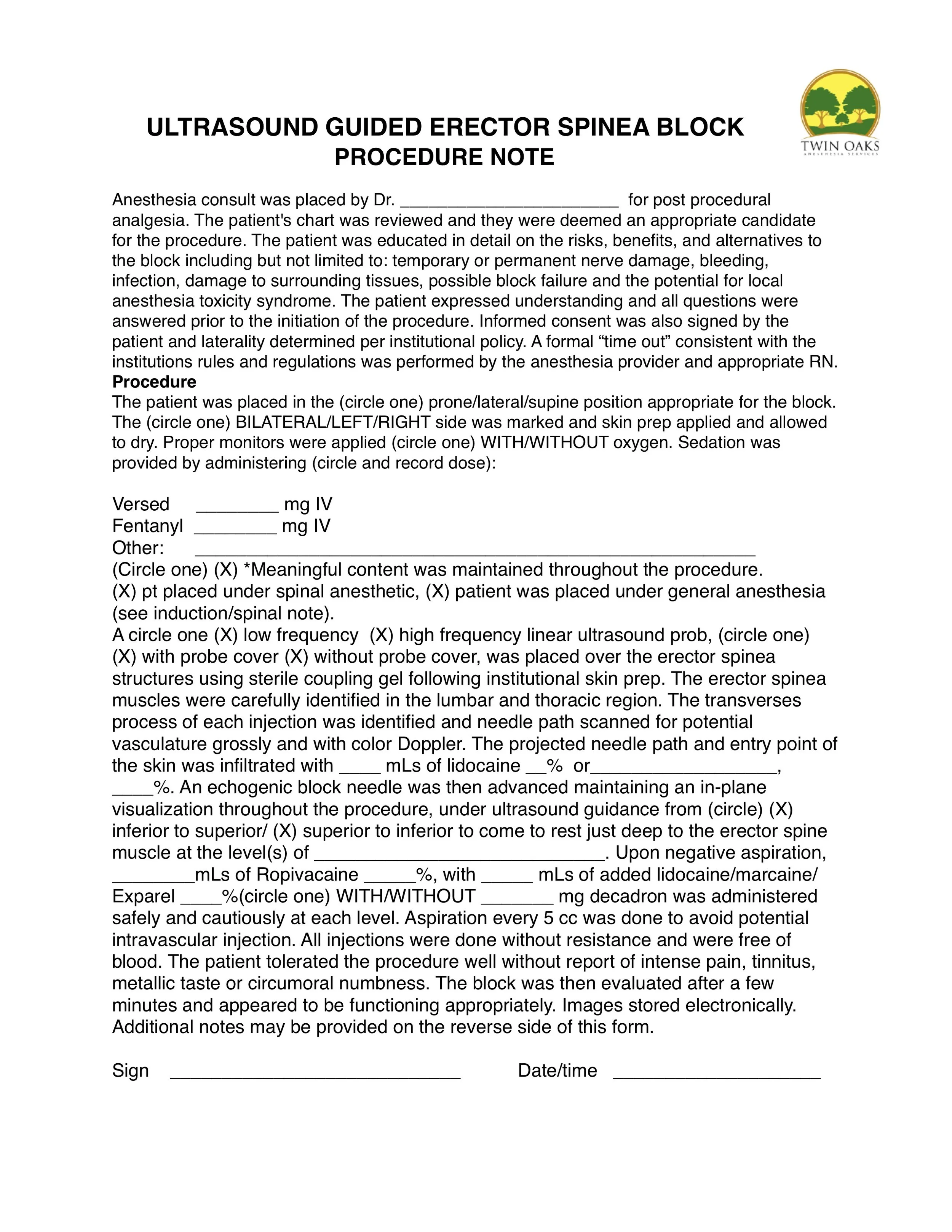Procedure Notes — CRNA Conferences Twin Oaks Anesthesia