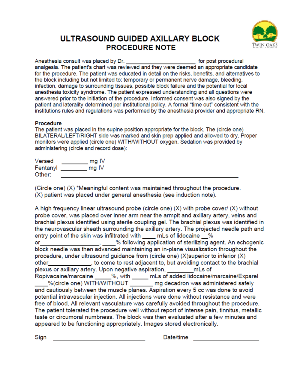 Procedure Notes — CRNA Conferences - Twin Oaks Anesthesia Throughout Procedure Note Template