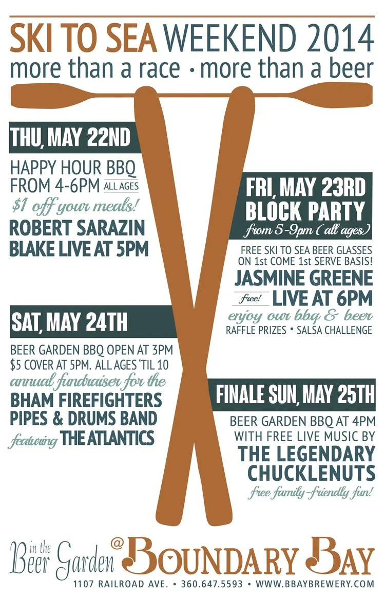 Ski to Sea This is a big weekend for Bellingham, specifically for Boundary Bay. Every year, four days of events are packed into one (extra long) weekend. As you can see from the Ski to Sea 2014 poster design, it's quite the annual affair.