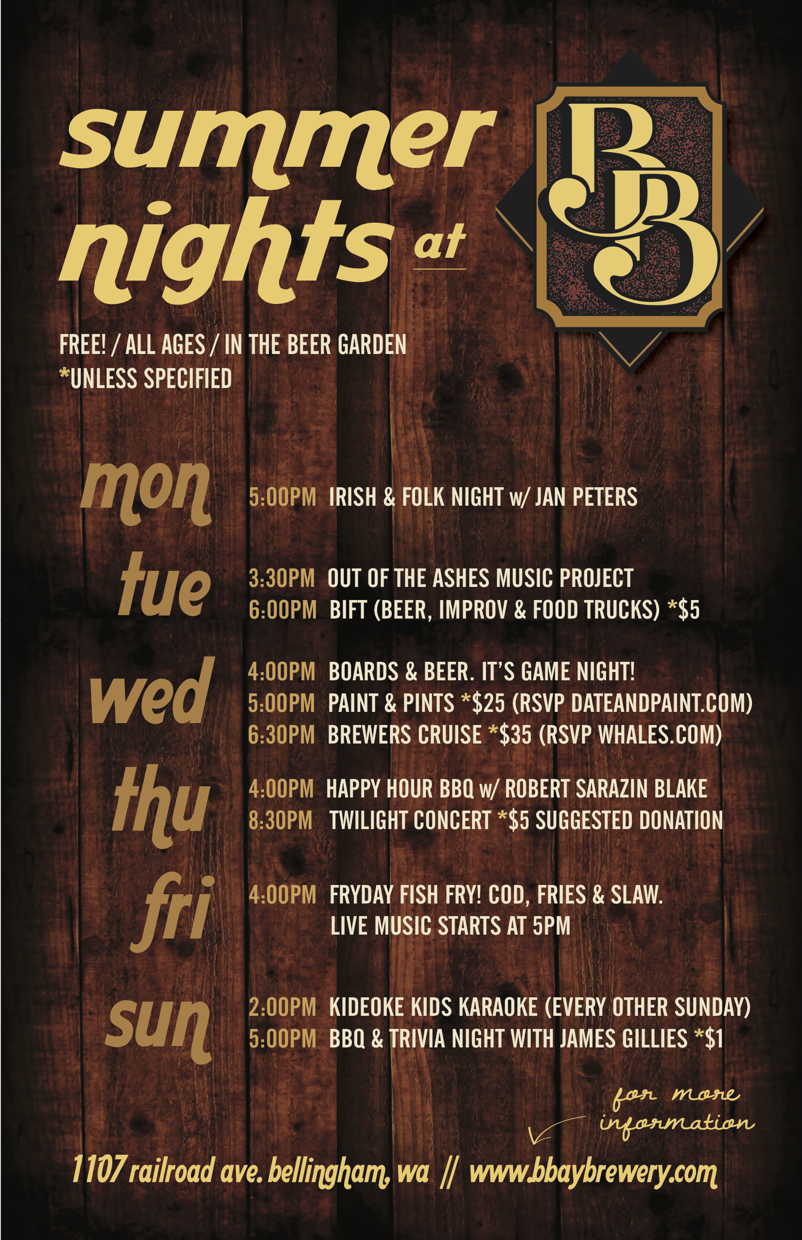 Weekly Events There's always something going on at Boundary Bay. Here's the weekly reoccurring lineup of events I worked to market and promote in-house and online. At any given time, I'd also be juggling the promotion of larger special events that would often take place over the weekend. To give you a bit of breadth and scope, we worked with more than 100 non-profits annually hosting and promoting events. More...
