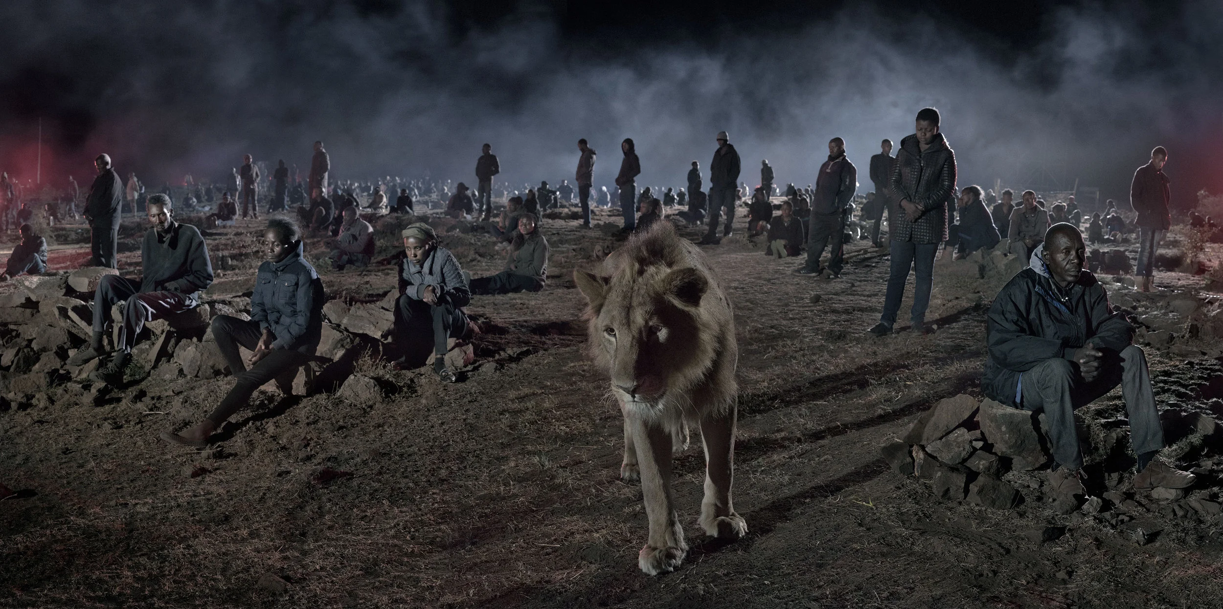 Nick Brandt Savannah with Lion & Humans, 2018 Archival pigment print, edition of 15 106.7 x 213.4 cm INQUIRE