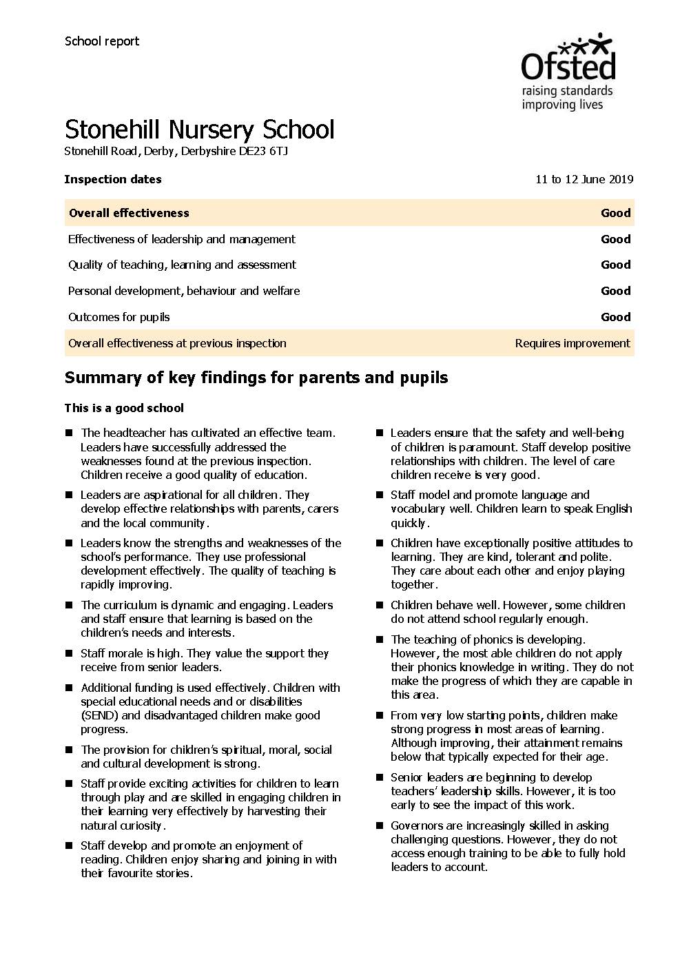 Stonehill OFSTED Report
