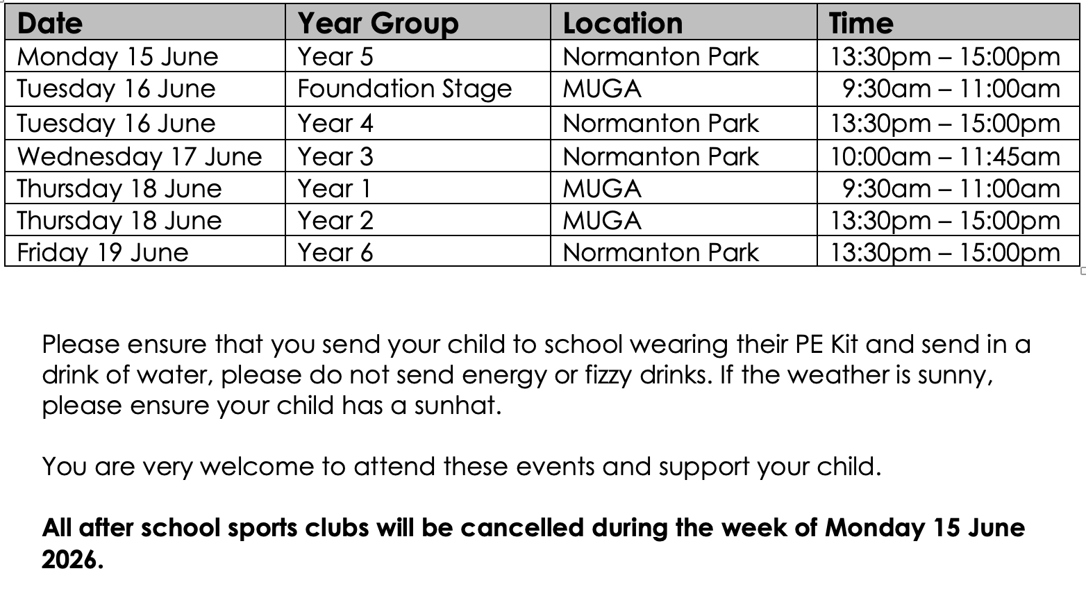 Sports Week - Days and Times!