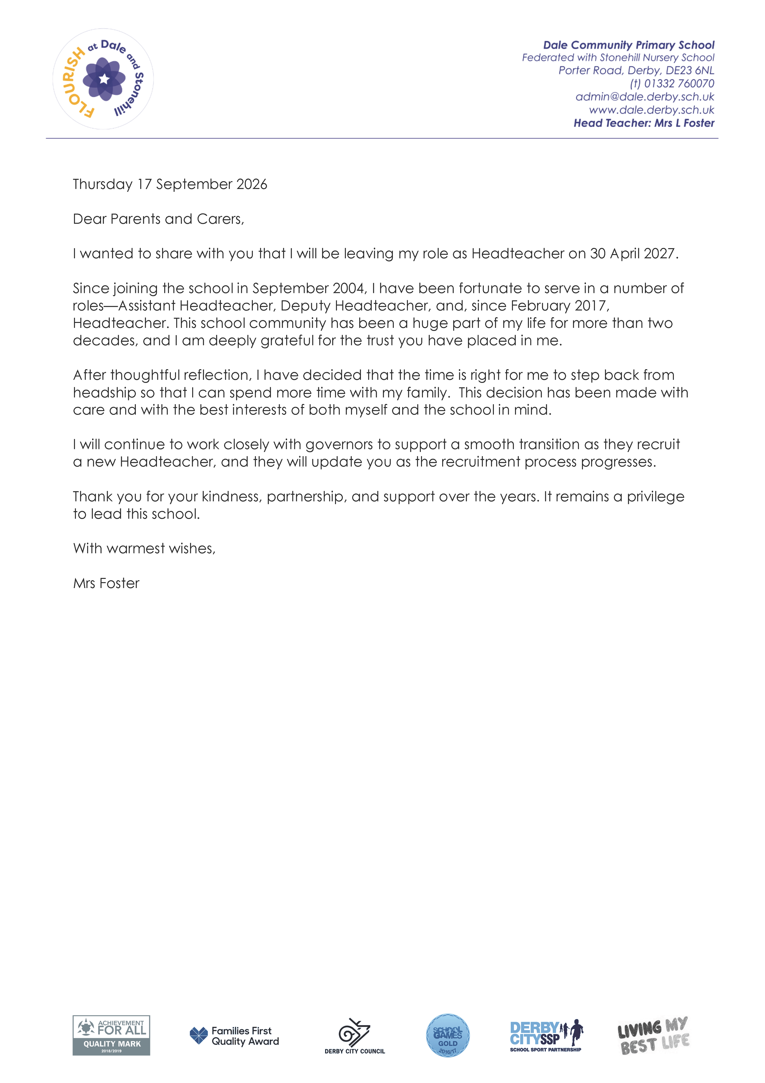 Mrs Foster's Letter of Resignation