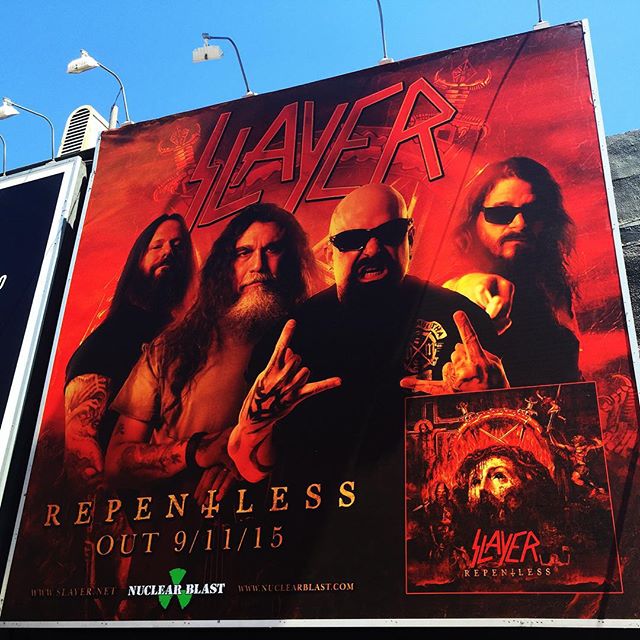 REPENTLESS - OUT 9/11. If you're in West Hollywood, drop by the SLAYER billboard on Sunset Blvd between @rainbowbarandgrill and @theroxy. Take a pic and tag @slayerbandofficial using #Repentless.