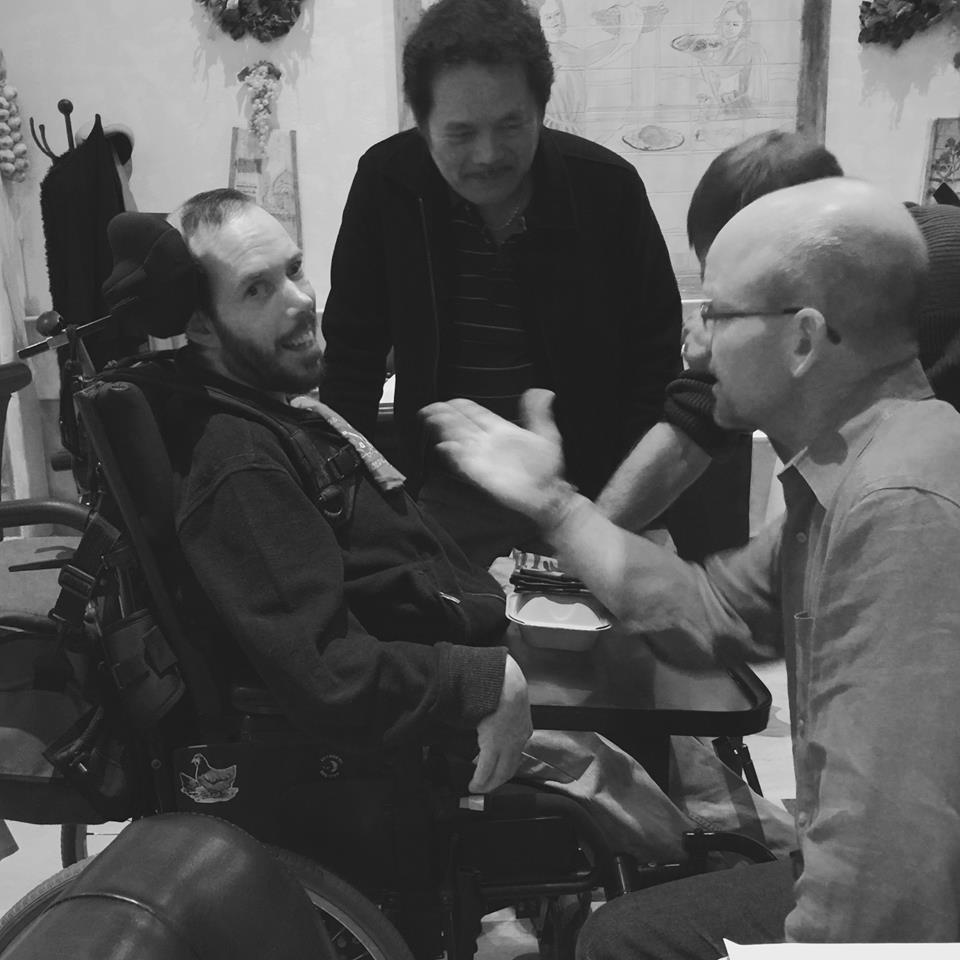Benny with Uncle Brian (sharing a dirty joke); and Ben’s caregiver, Tony | Dianne Morton | 2016