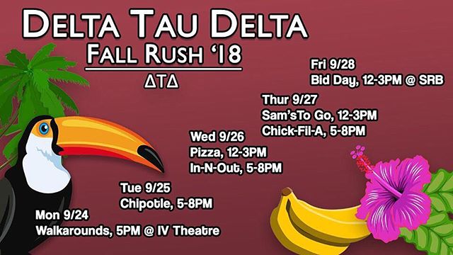 Delt is thrilled to kick off rush & announce our schedule for this week! We hope to see you there 🌴 #rushdelt