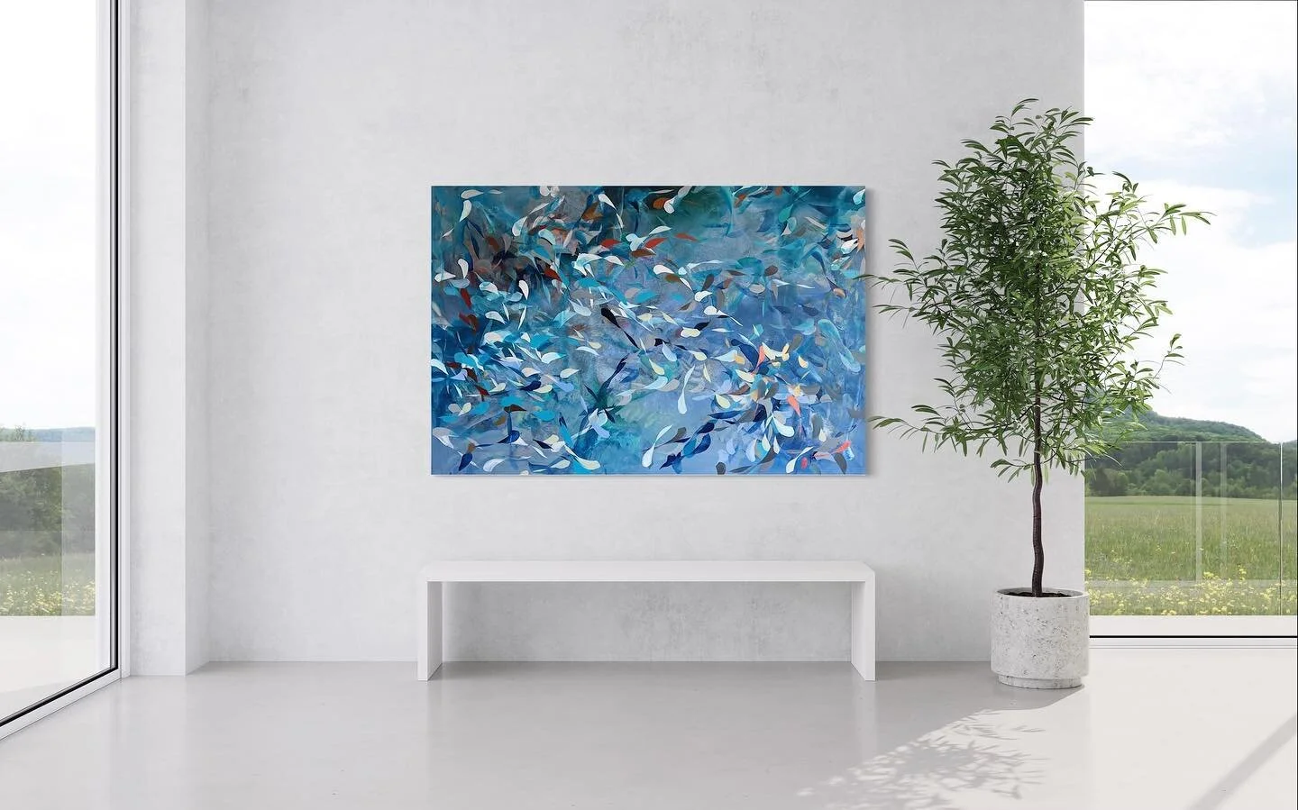 My artworks bring the outdoors indoors. I've always loved being outdoors and exploring the beauty of nature. 💙☀️💕🩵 #artbymeganpetals // &quot;Mar&quot;, 48x72, available at @broadwaygallery in Alexandria and Great Falls, VA. 🫶🏻