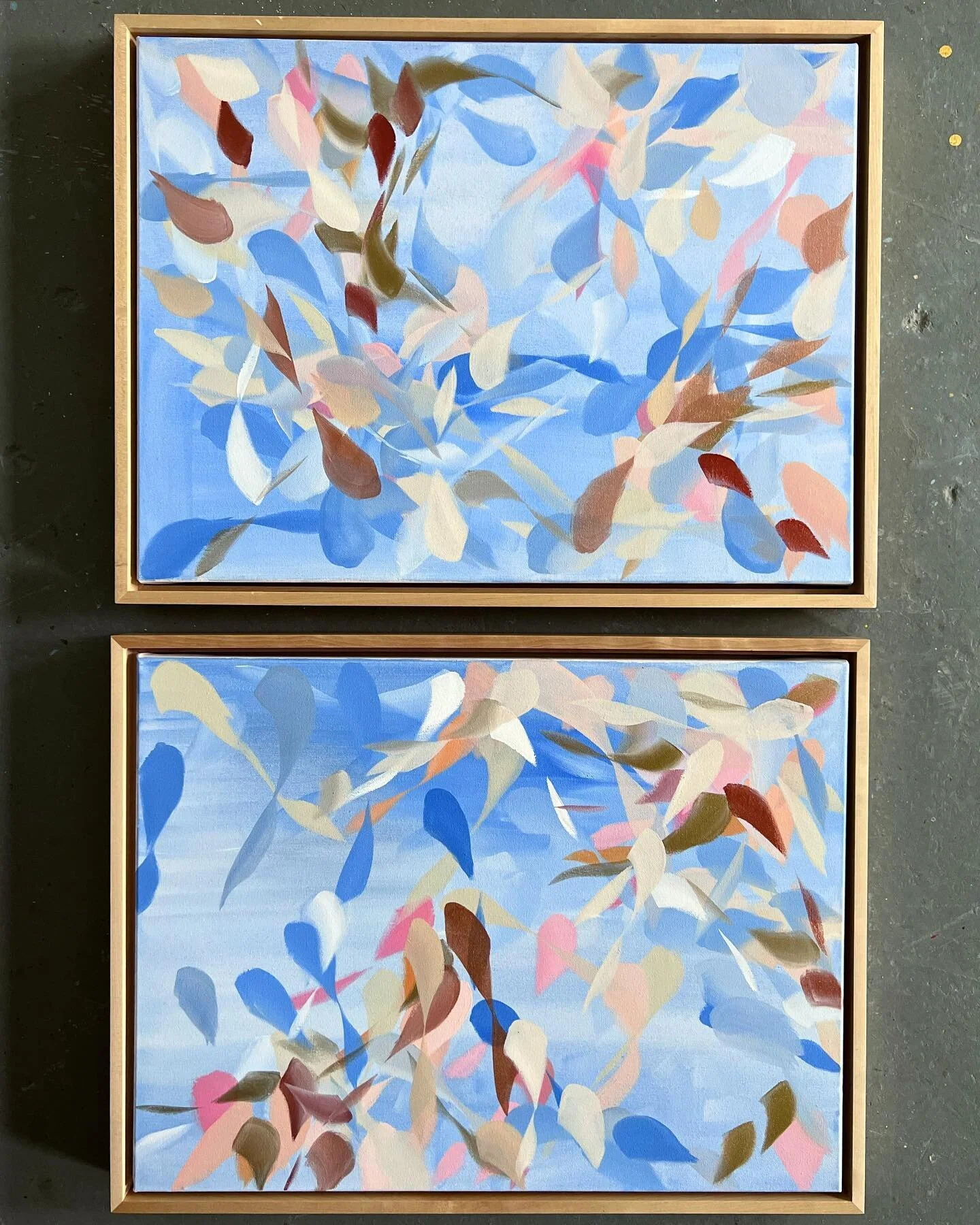 Love these two. &quot;Iris 1 and 2&quot;, 18x24, acrylic on canvas framed in light maple.  The metallic accents shimmer in the light as the day changes. 🤩✨🌸💕 // #artbymeganpetals // available upon request