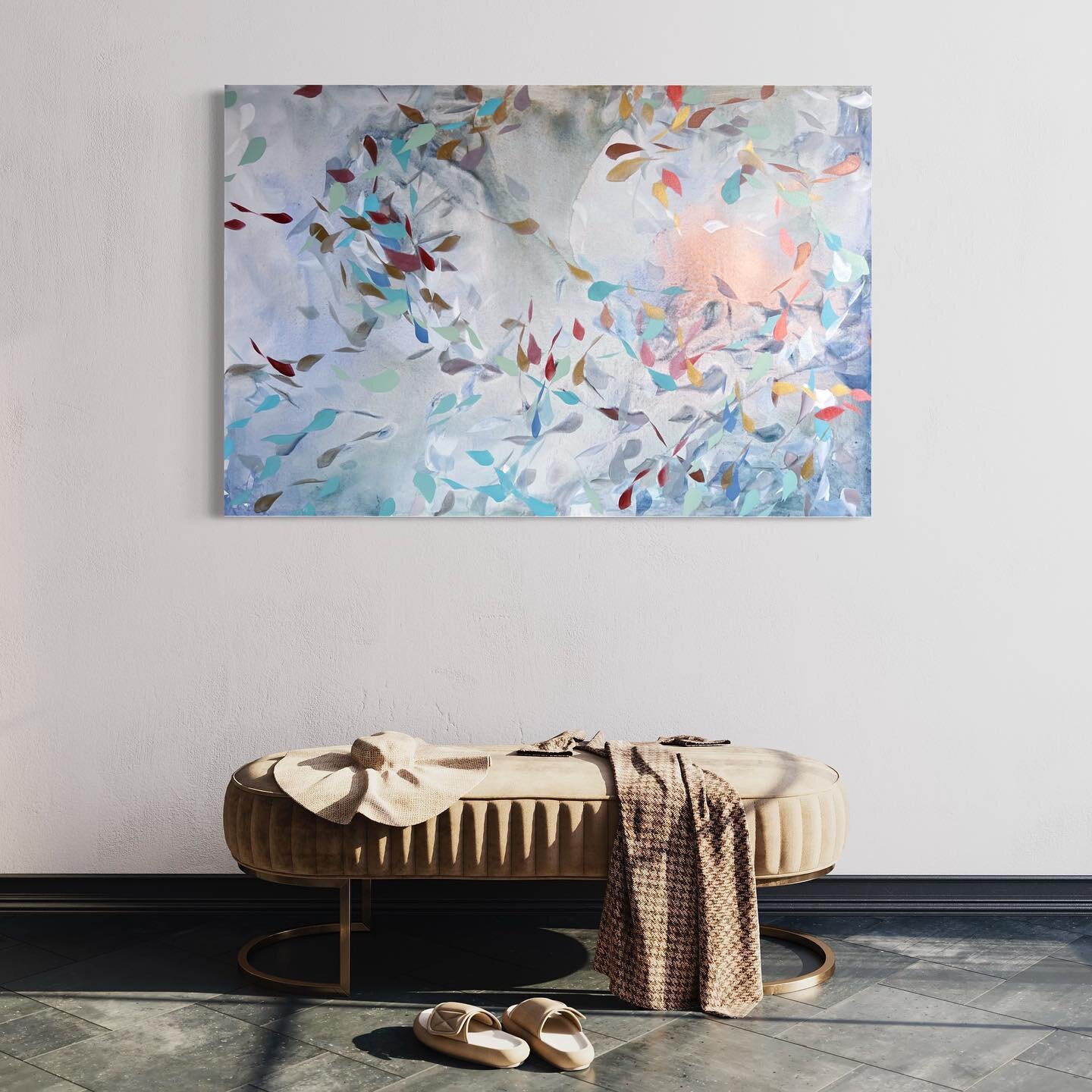 Imagining placing my recent work, &quot;Luna&quot;, 40x60, acrylic on canvas in a perfectly neutral and relaxing interior space.  Doing a mock-up with @smartistapp is a great way to help clients visualize a painting in their space. 🩵☀️💛🩶 #artbymeg