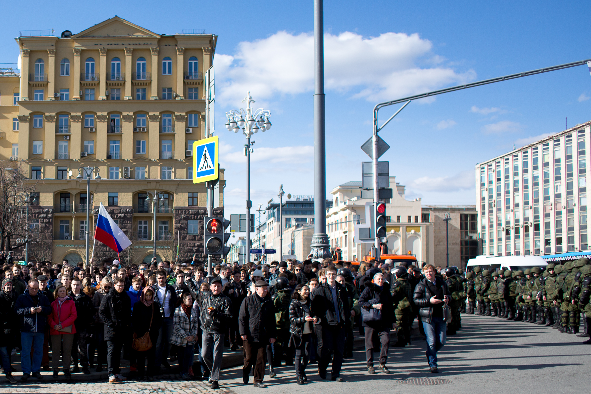 Protesters marched in unison to avoid arrests as it is illegal to hold unsanctioned stationary demonstrations in Russia.