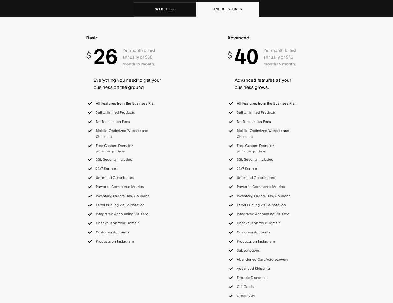 Squarespace Commerce Plans