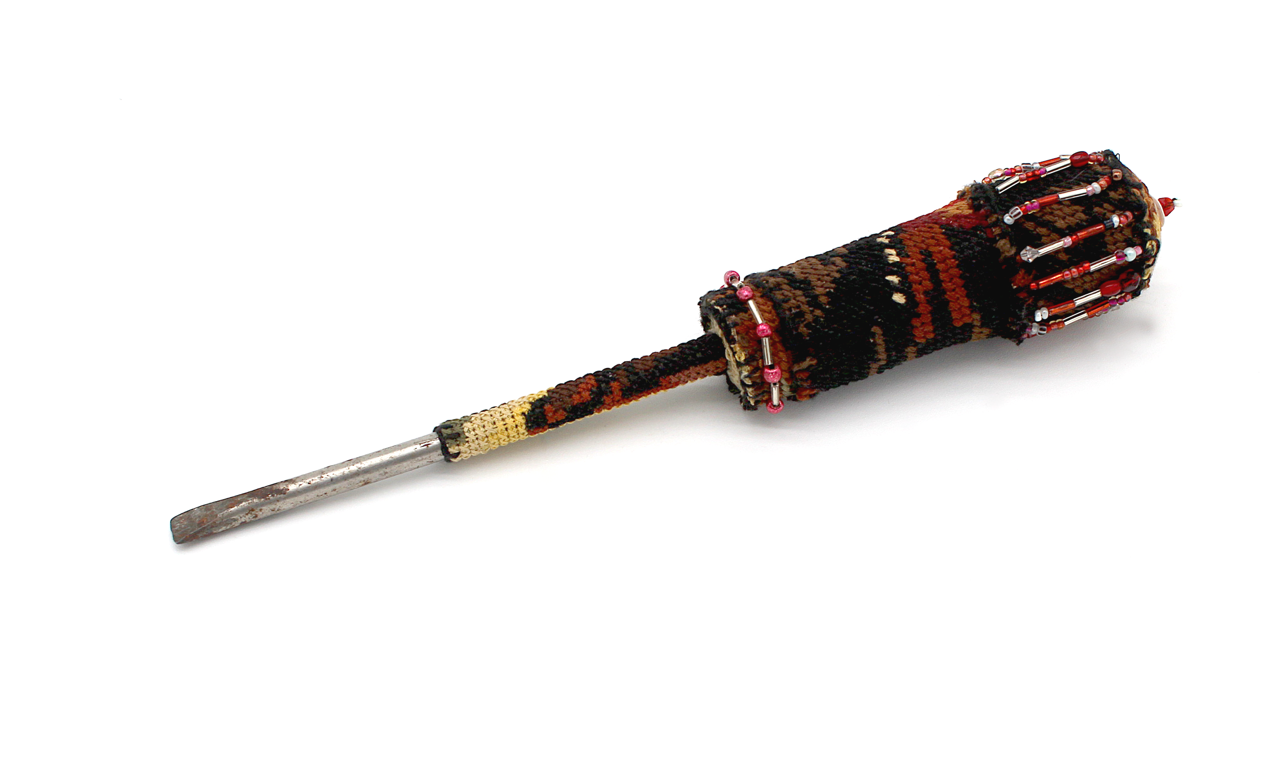 A phillip's head screwdriver with a fabric-covered handle embellished with small beads,