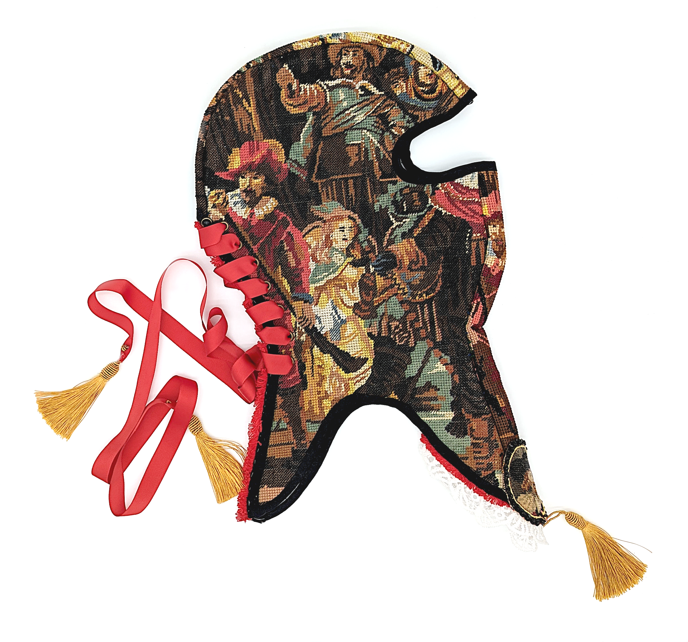 A tapestry-style balaclava made from the central figures in the Rembrandt painting the Night Watch. The design is decorated with red and gold tassels and red ribbons.