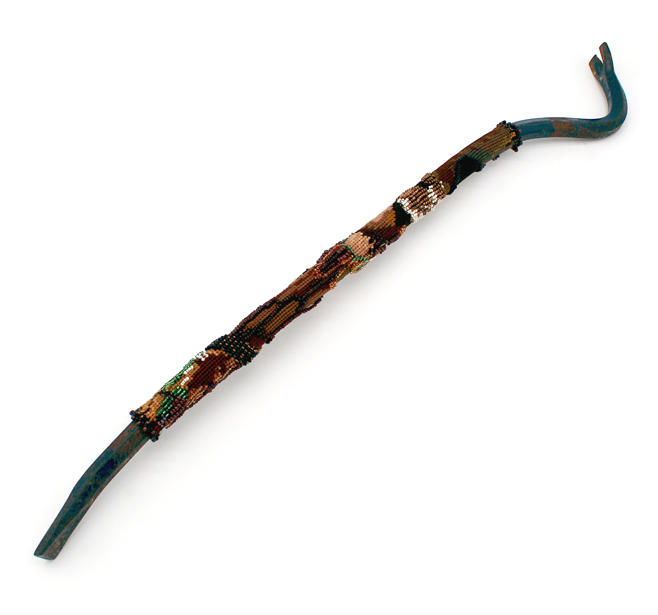 a crowbar covered in an earth tone cross stitch fabric and coordinating bead embroidery