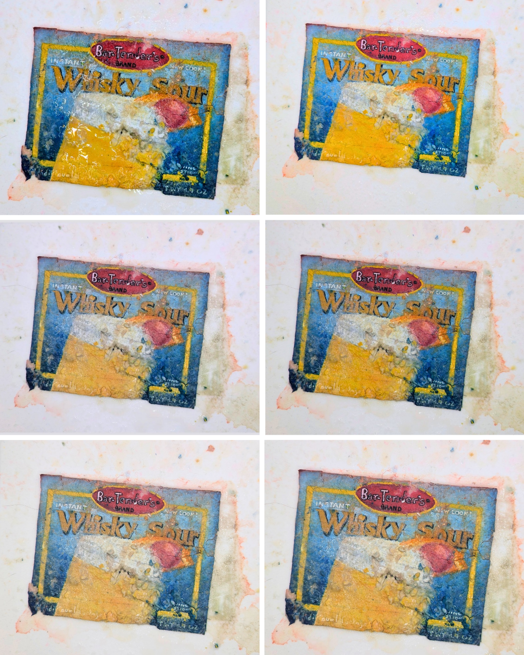 A paper seed bomb painted to look like a package of whiskey sour mix photographed over six days of being watered.