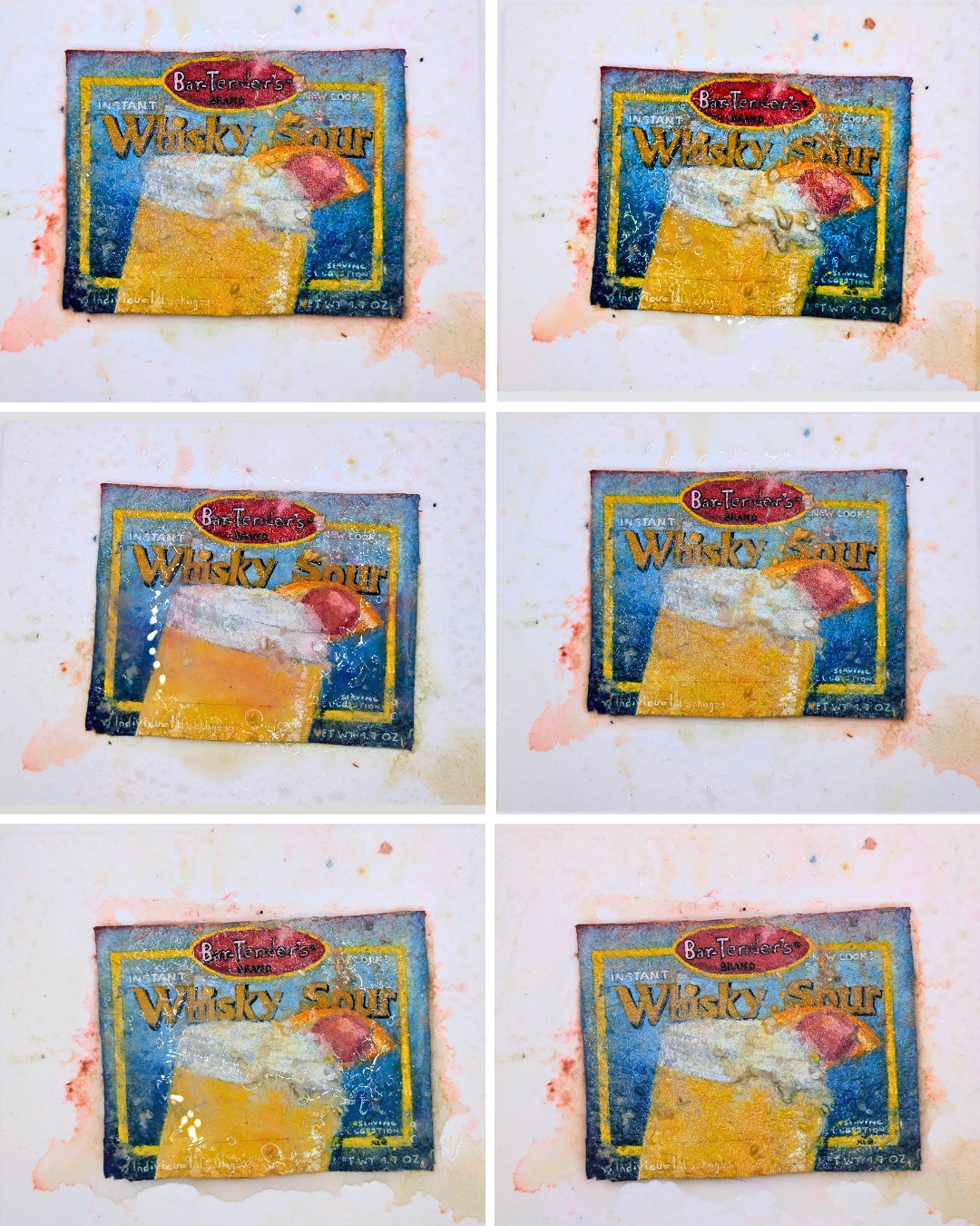 A paper seed bomb painted to look like a package of whiskey sour mix photographed over six days of being watered.