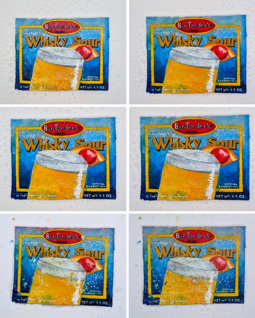 A paper seed bomb painted to look like a package of whiskey sour mix photographed over six days of being watered.