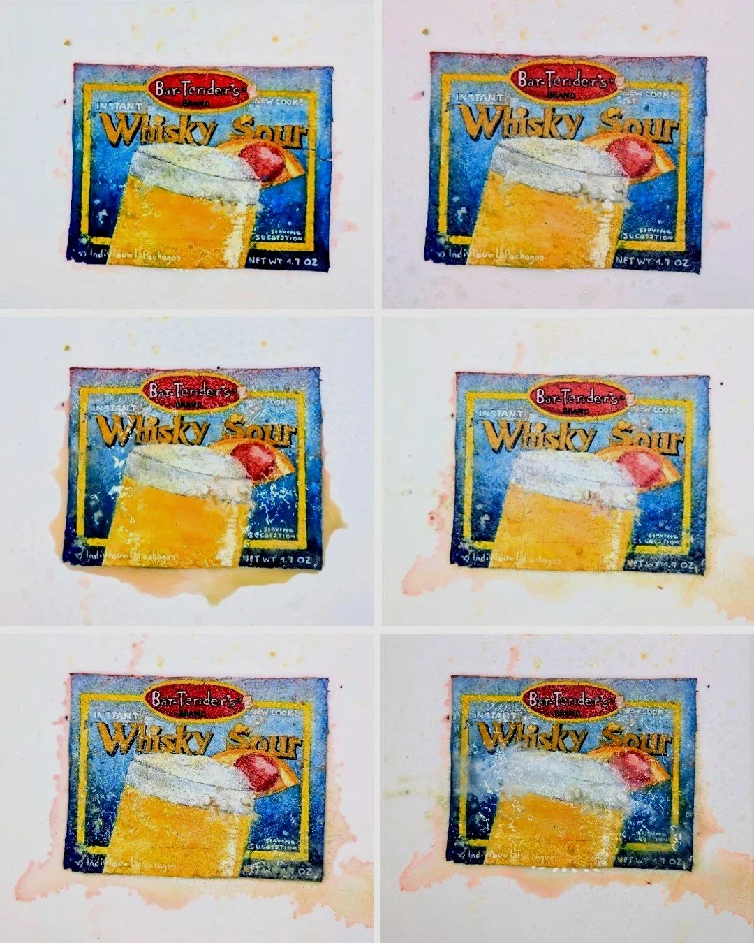 A paper seed bomb painted to look like a package of whiskey sour mix photographed over six days of being watered.
