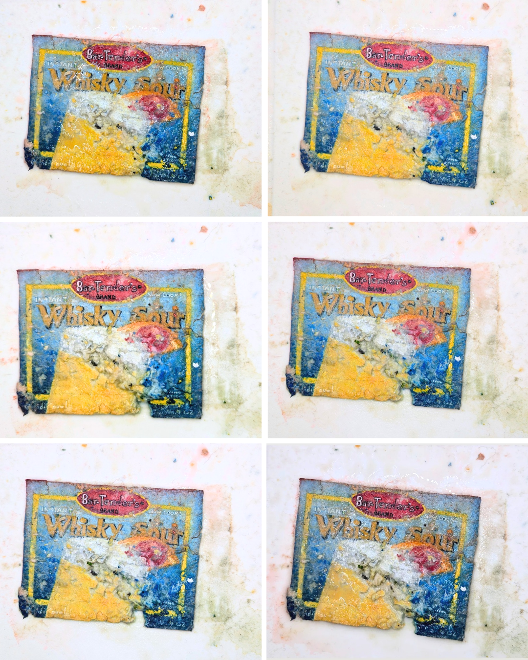 A paper seed bomb painted to look like a package of whiskey sour mix photographed over six days of being watered.
