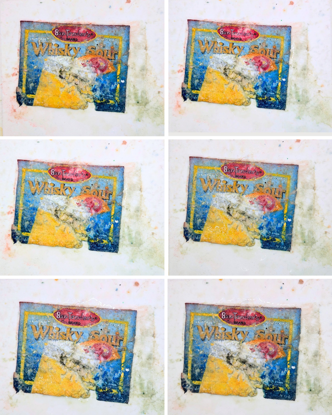 A six-paneled collage of an old, worn label for 'Whisky Sour' with visible damage and discoloration.