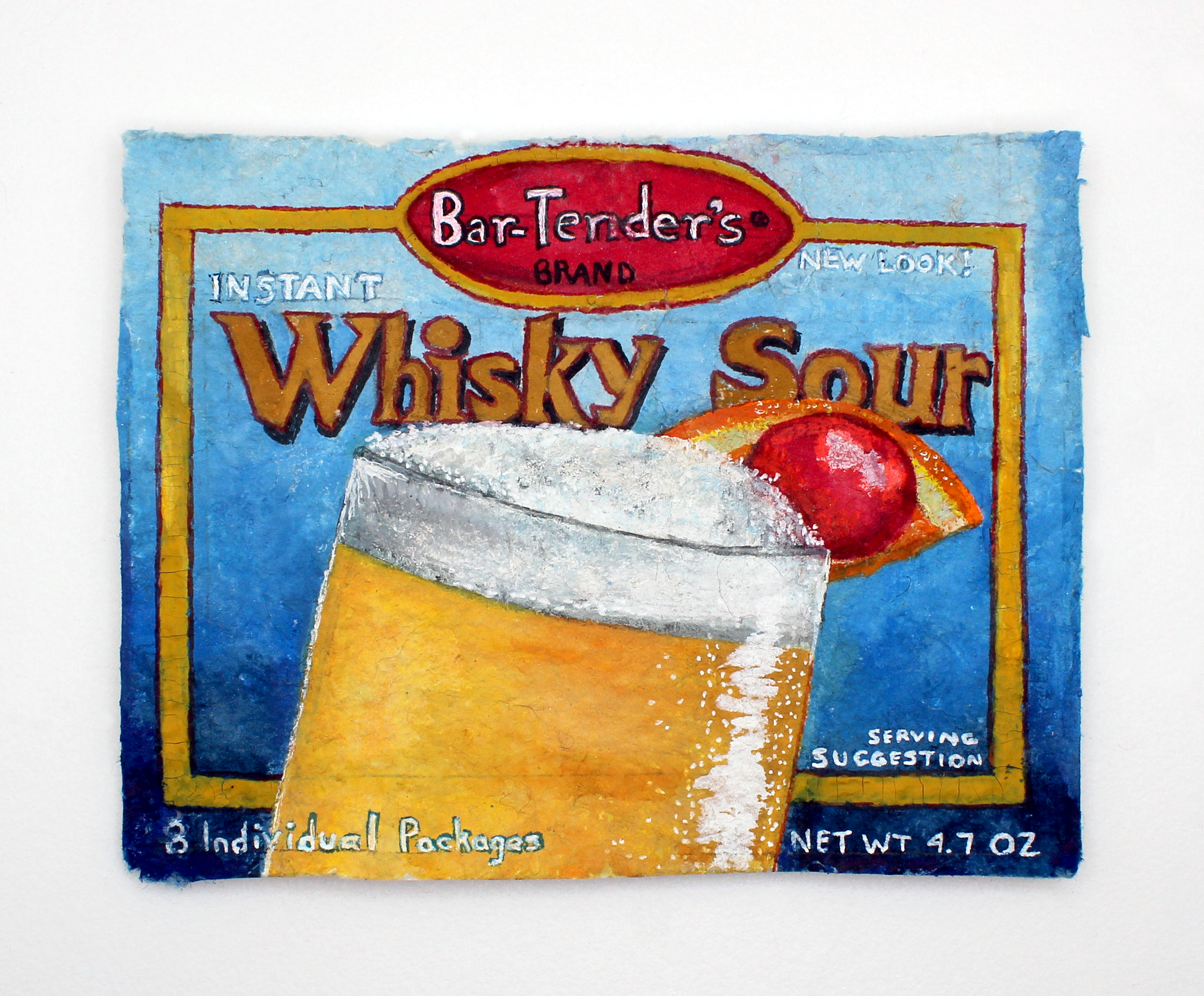 Colorful illustration of a food package for Bar-Tender's brand whiskey sour instant mix, featuring a red oval logo and a glass of whiskey sour drink, with yellow, blue, and orange background elements.
