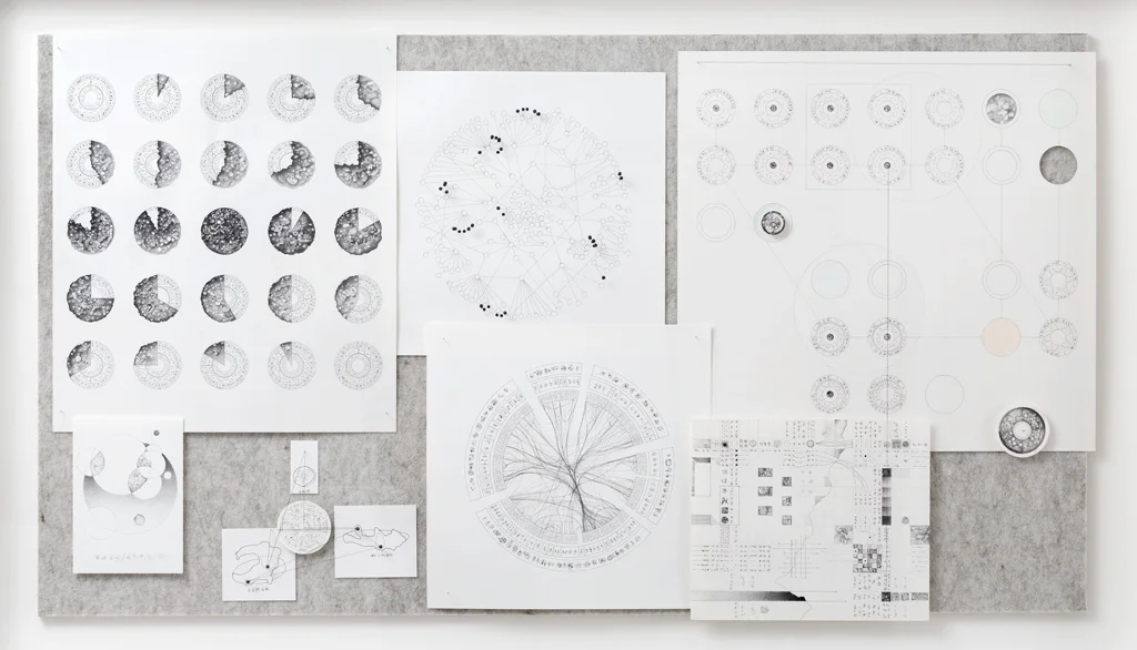   Hypothesis 7 ,&nbsp;ink on paper, pins, cotton thread, pinboard, 2015  Image Credit: Document Photography 