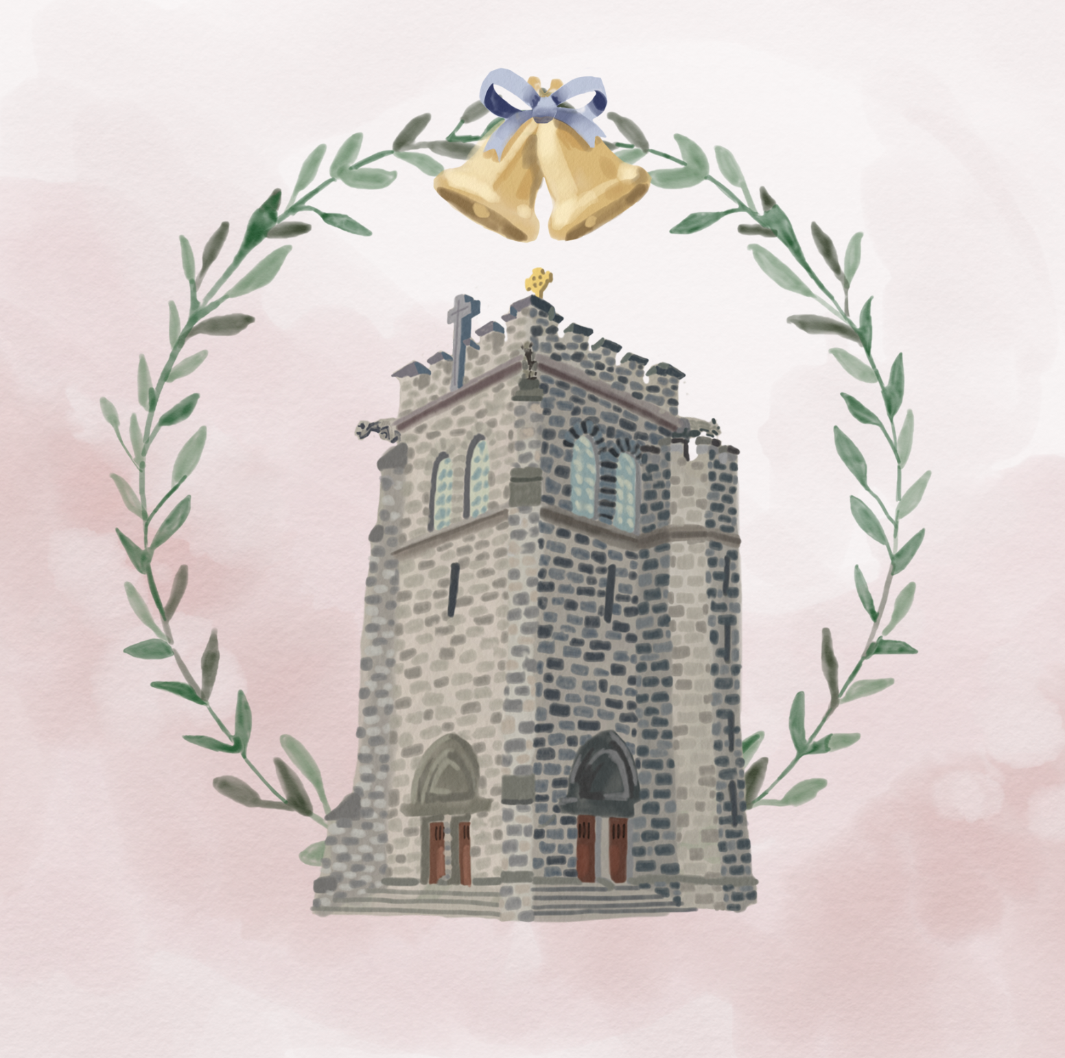 Custom portrait of St. Peter of Alcantara Church, Port Washington, New York for Rehearsal invitation
