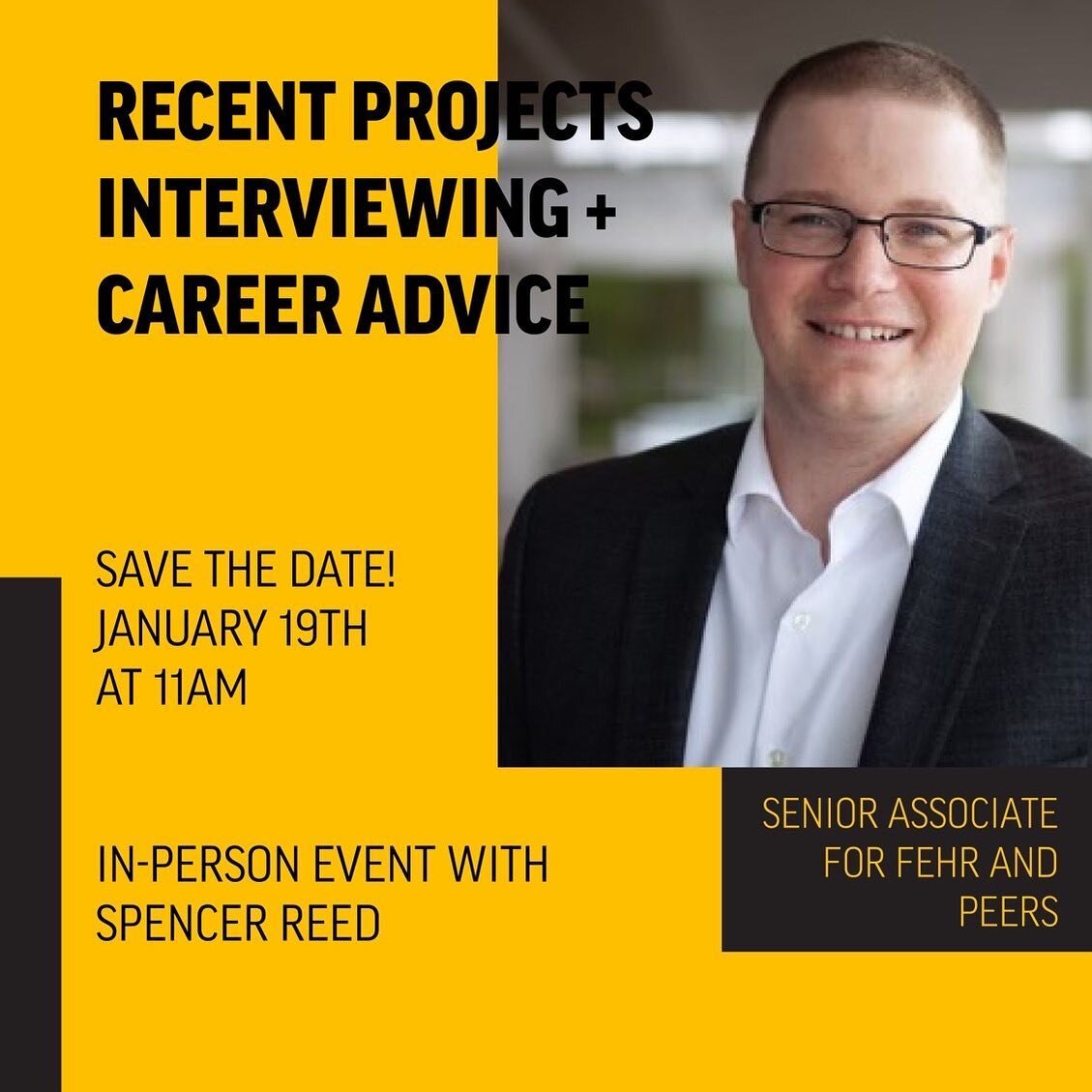 Join us on January 19th in west engineering room 21-120B for our first in-person guest speaker of the quarter. Spencer Reed is a senior associate for Fehr and Peers and he will coming to campus to share details on recent projects, interviewing advice