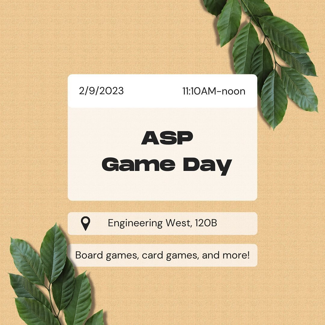 Hey ASP! We will now be hosting a game day social at tomorrow&rsquo;s meeting. Come hang out and destress during midterm season and feel free to bring your own board/card games :) See you there!