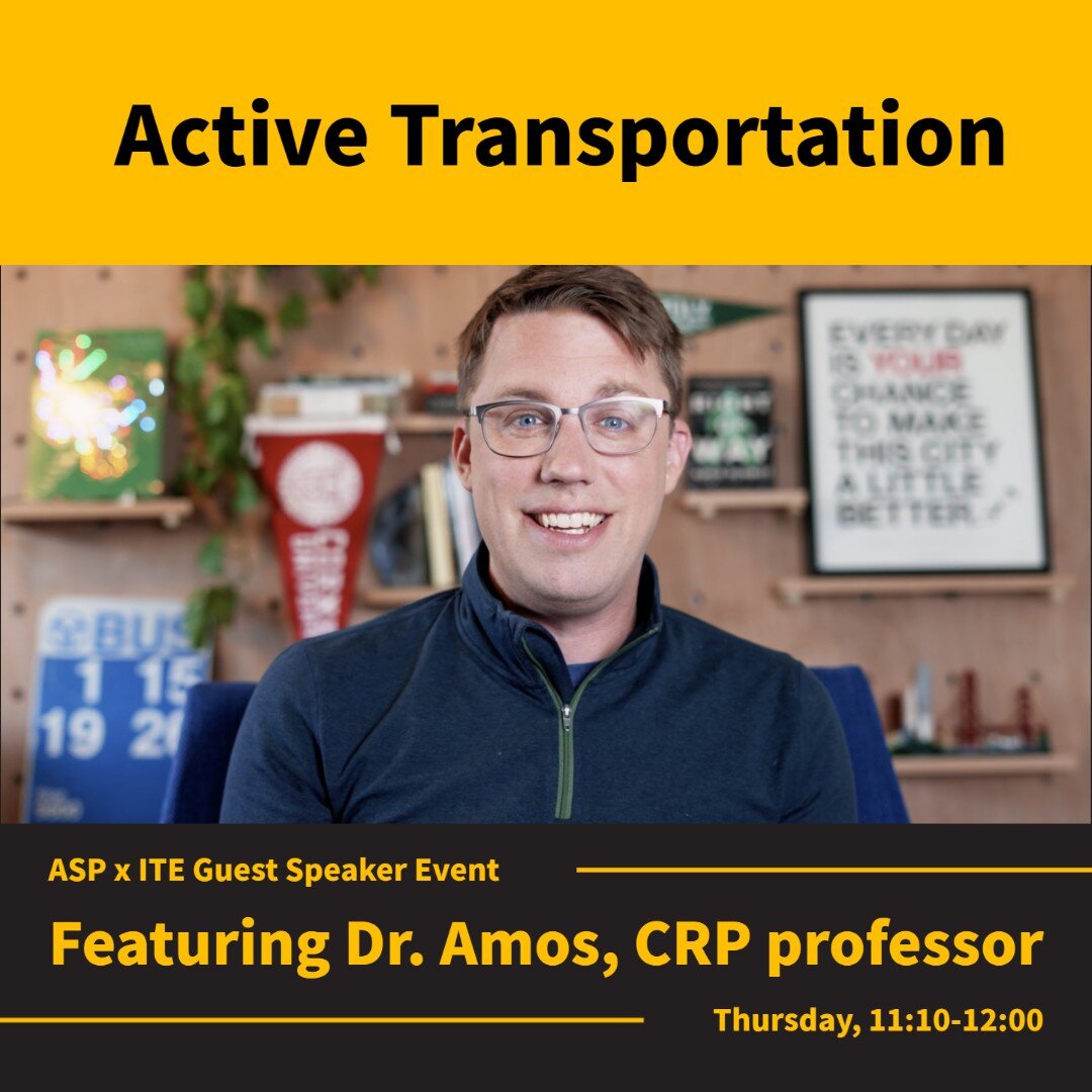 🏙️🛣️ Want to make a difference in your community? Come hear from Dr. Amos, CRP professor and City Beautiful Youtuber, as he discusses transportation planning and its impact on our cities. Hosted by ASP and ITE, this event is a great chance to netwo